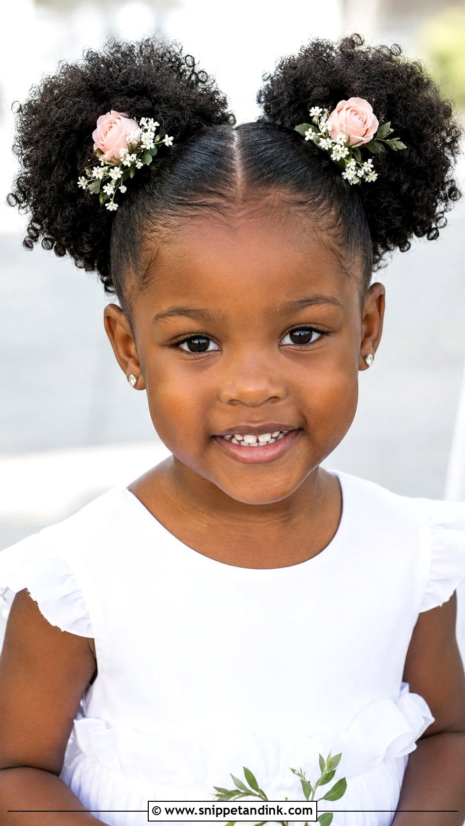 Curly Afro Puffs With Flowers - Snippet and Ink - 20 Kid Wedding Hairstyles