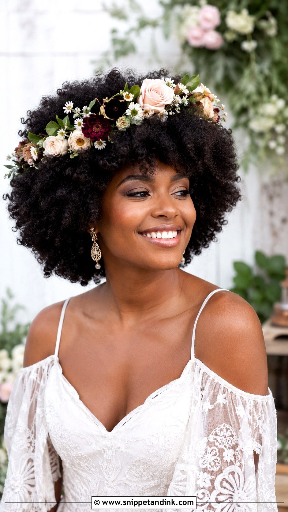 Curly Afro With Floral Crown - Snippet and Ink - 20 African Bride Hairstyles