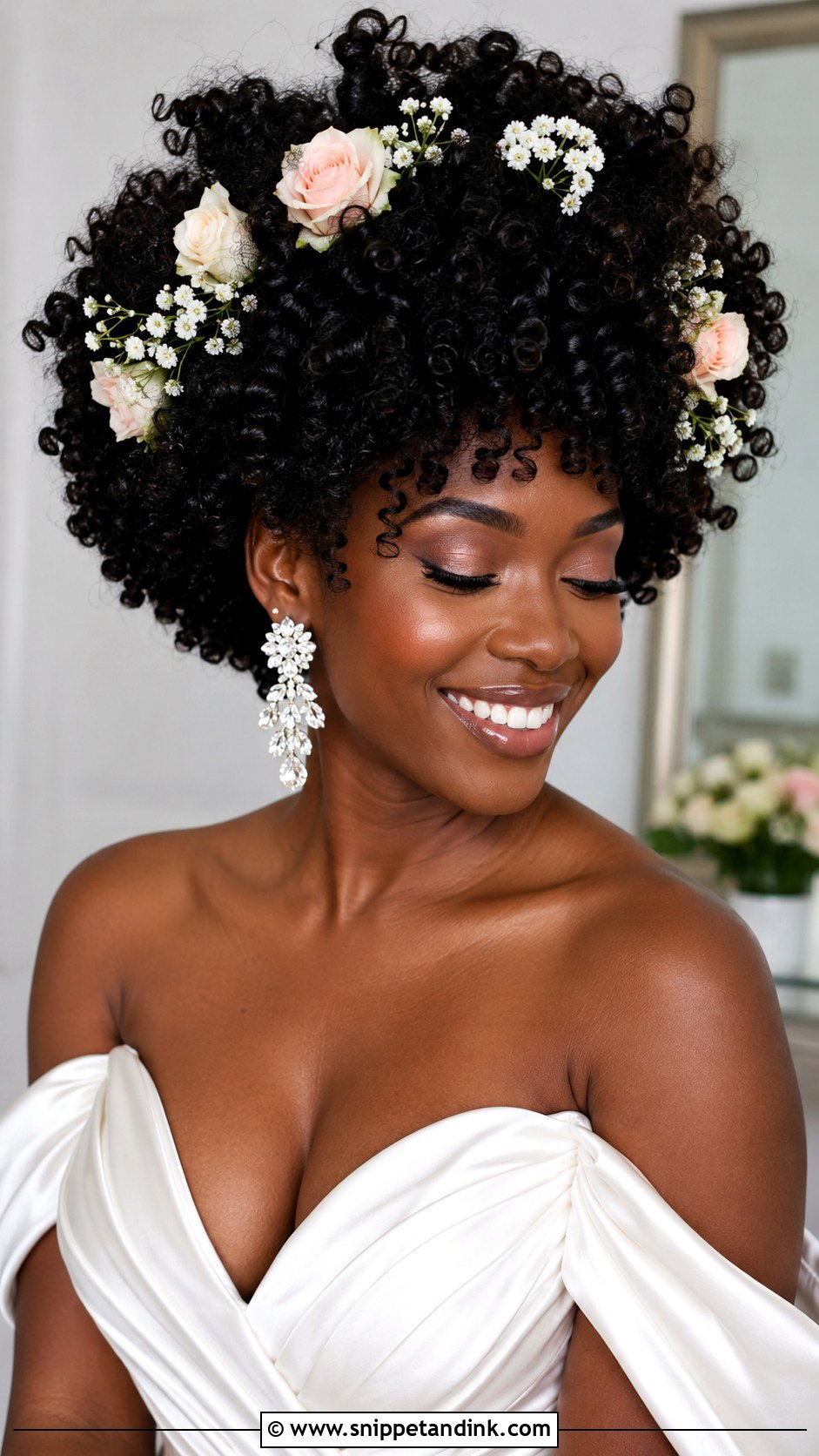 Curly Afro With Fresh Blooms - Snippet and Ink - 20 Flowers in Hair Wedding