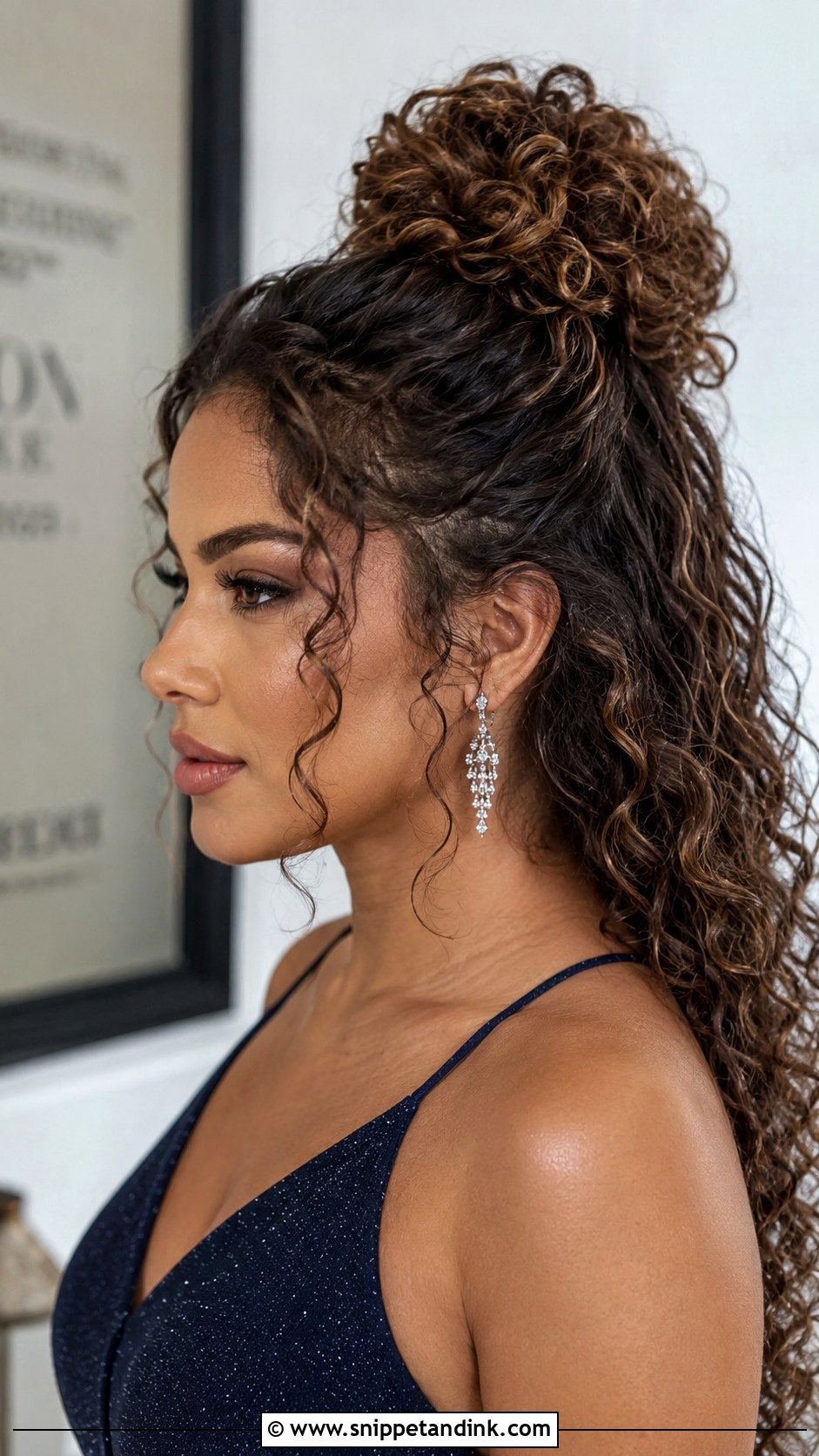 Curly Ballerina Bun Half Up for Wedding Guest - Snippet and Ink - 25 Curly Hair Hairstyles for Wedding Guest