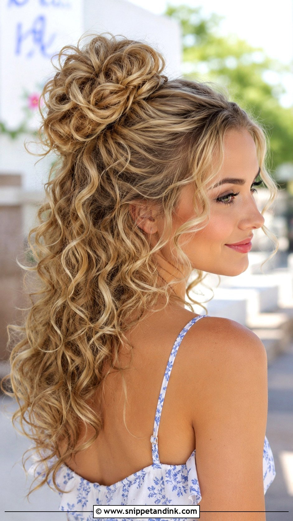 Curly Ballerina Bun Half Up - Snippet and Ink - 25 Curly Hair Wedding Guest Styles