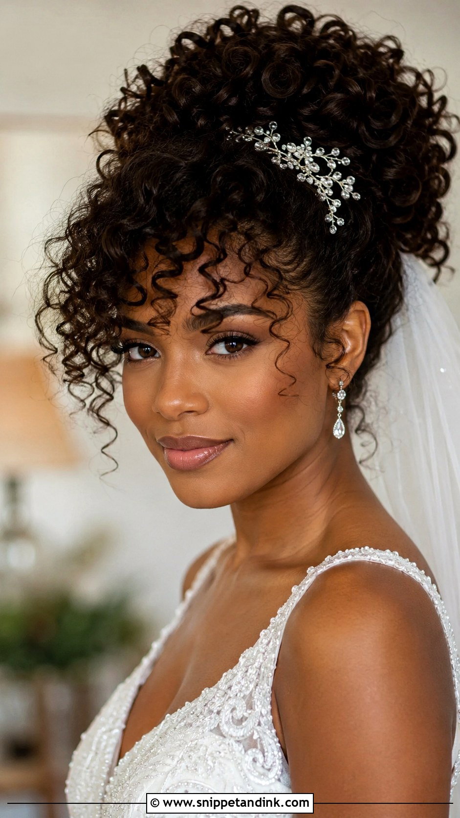 Curly Bangs With Natural Updo - Snippet and Ink - 30 Bridal Hair with Bangs Ideas