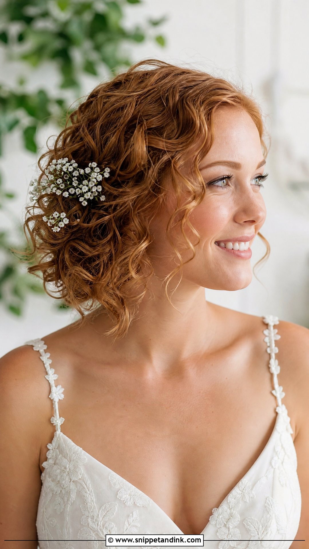 Curly Bob Wedding Hair With Babys Breath - Snippet and Ink - 15 Curly Bob Wedding Hairstyles