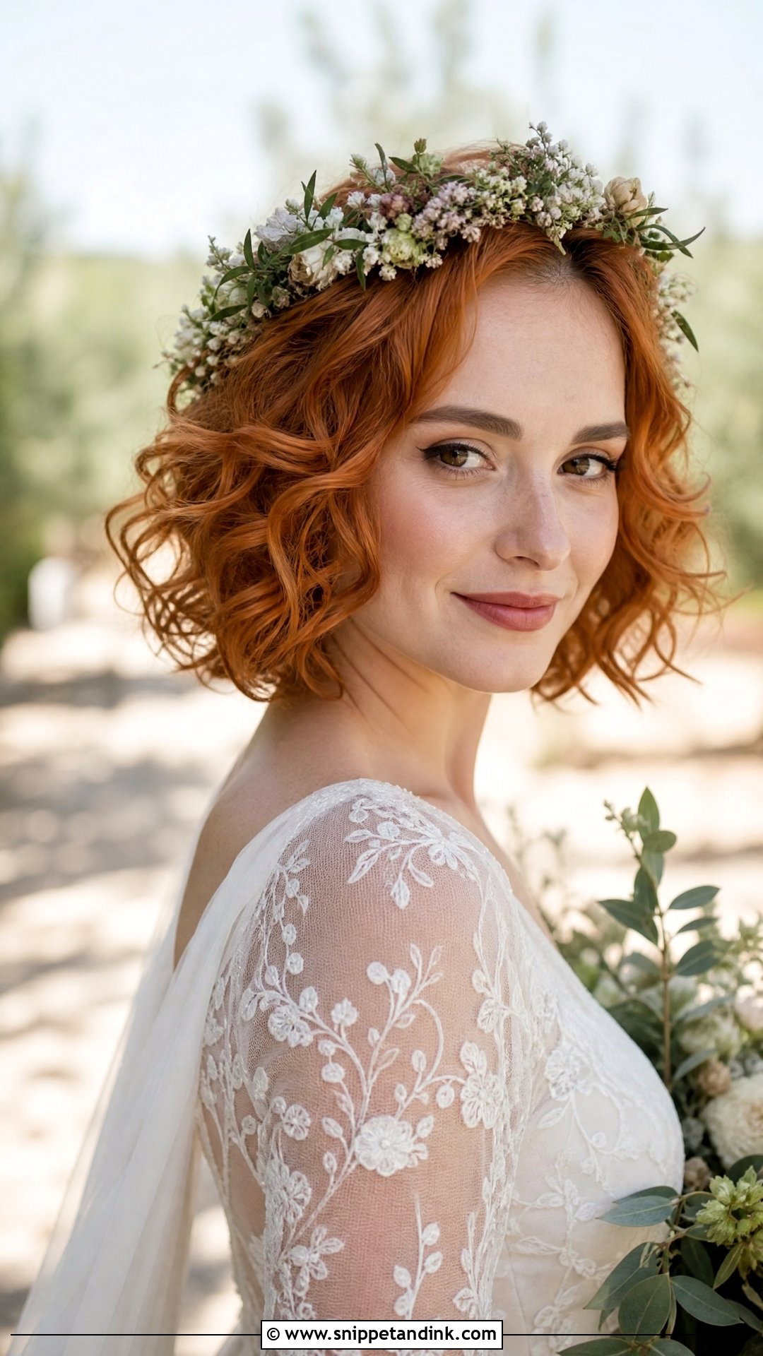 Curly Bob Wedding Hair With Floral Crown - Snippet and Ink - 15 Curly Bob Wedding Hairstyles
