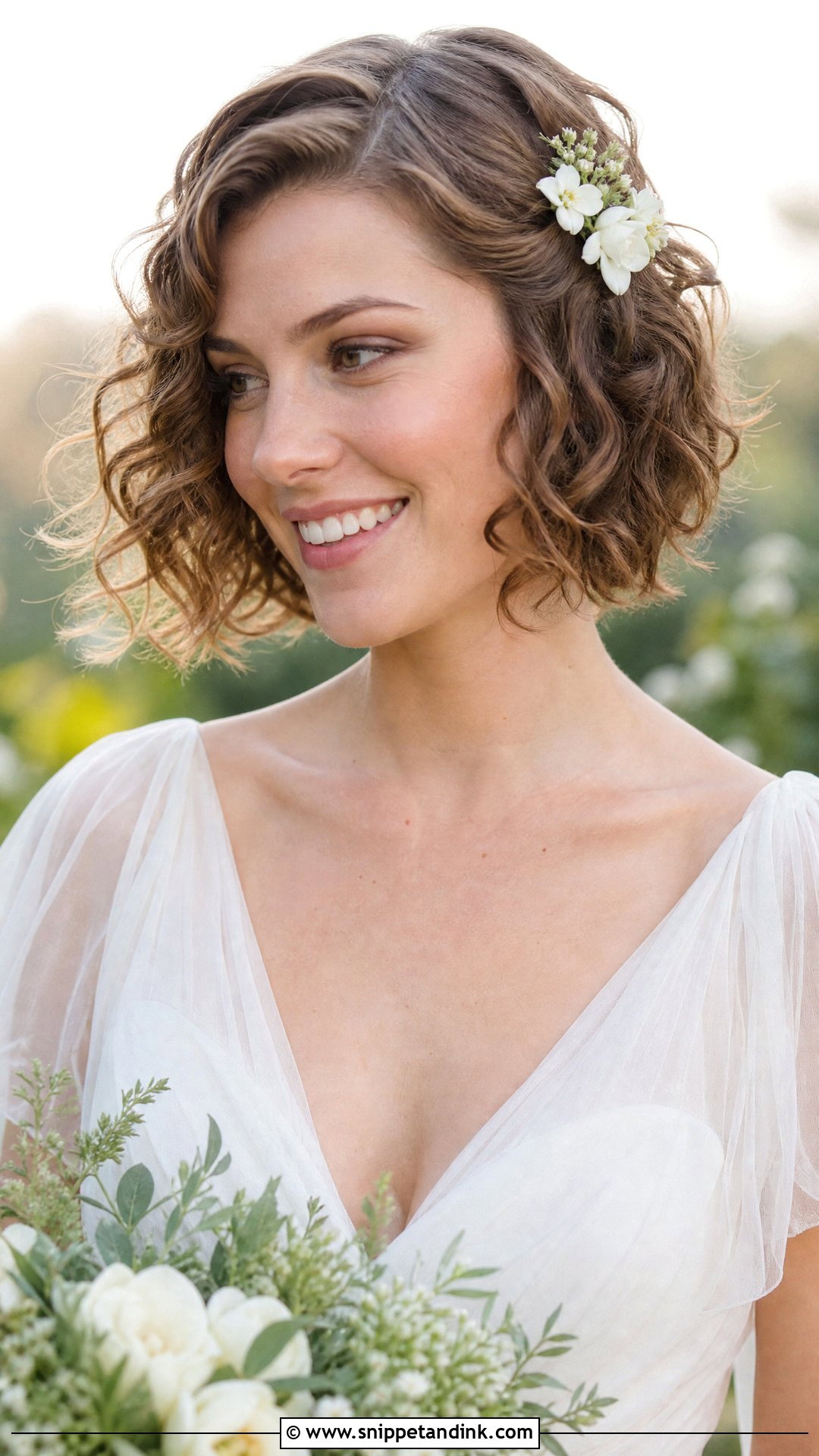 Curly Bob Wedding Hair With Flower Clip - Snippet and Ink - 15 Curly Bob Wedding Hairstyles