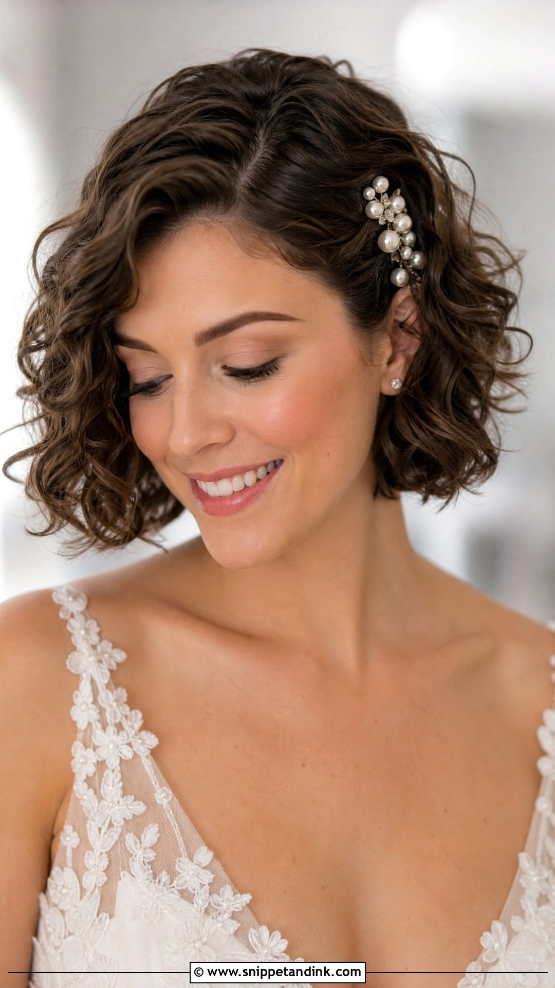 Curly Bob Wedding Hair With Pearl Pins - Snippet and Ink - 15 Curly Bob Wedding Hairstyles