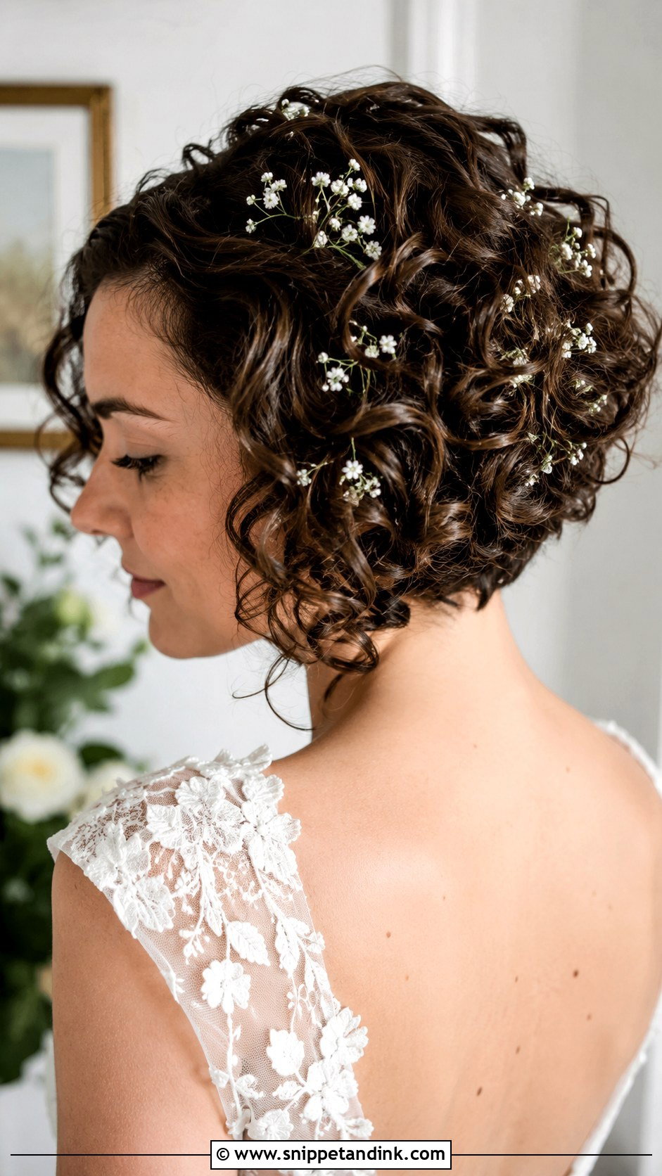 Curly Bob With Babys Breath - Snippet and Ink - 25 Short Curly Bridal Hair Ideas