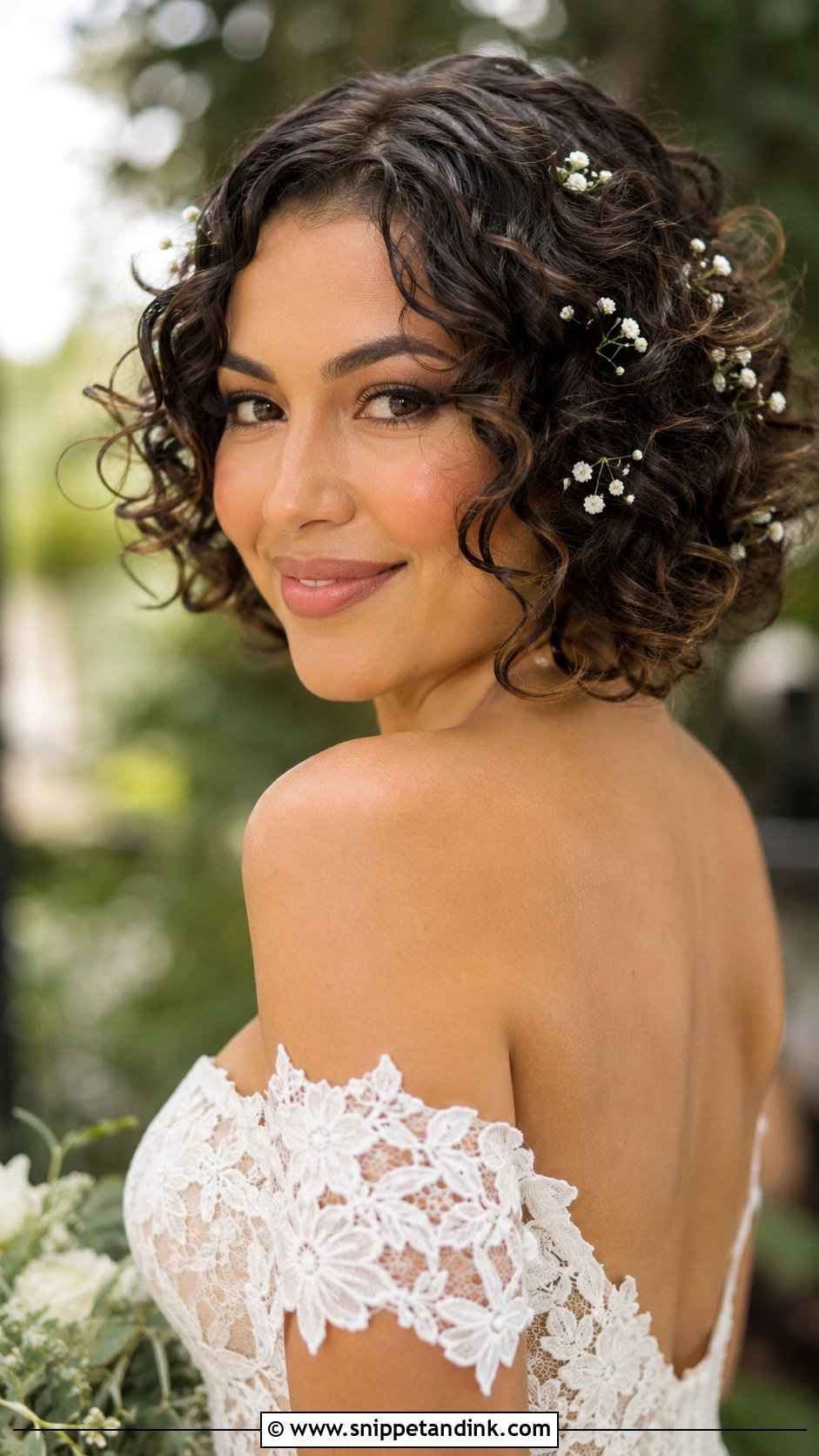 Curly Bob With Babys Breath - Snippet and Ink - 25 Hair Styles for Short Hair Wedding