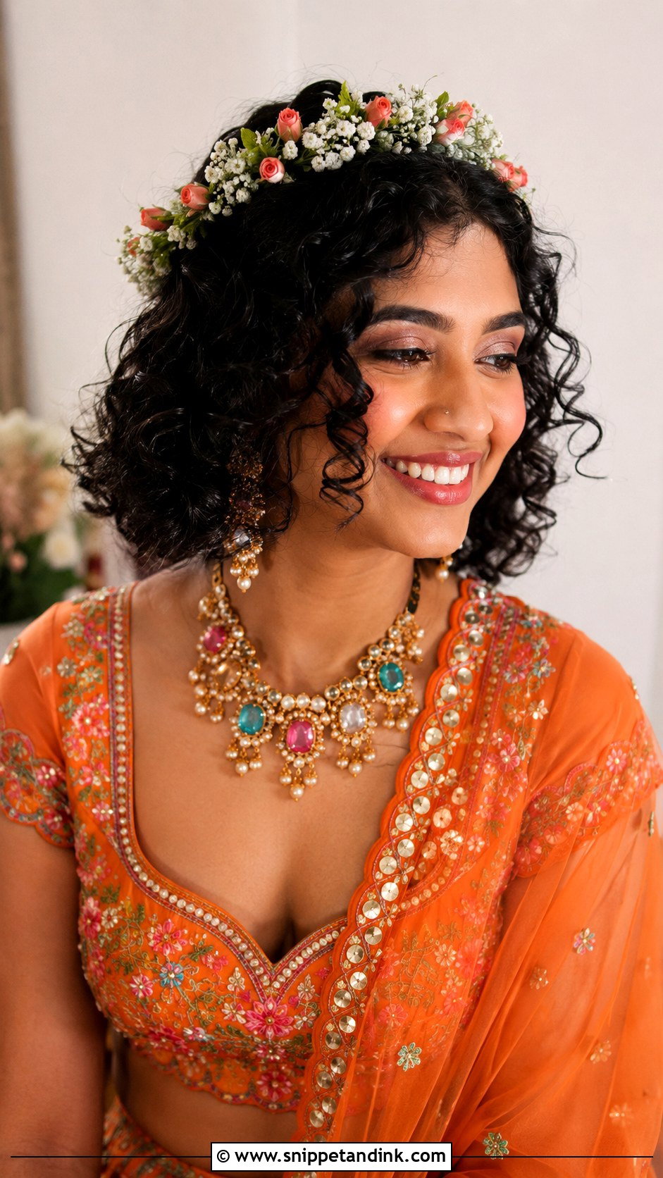 Curly Bob With Floral Band - Snippet and Ink - 25 Indian Wedding Hairstyle for Short Hair Ideas