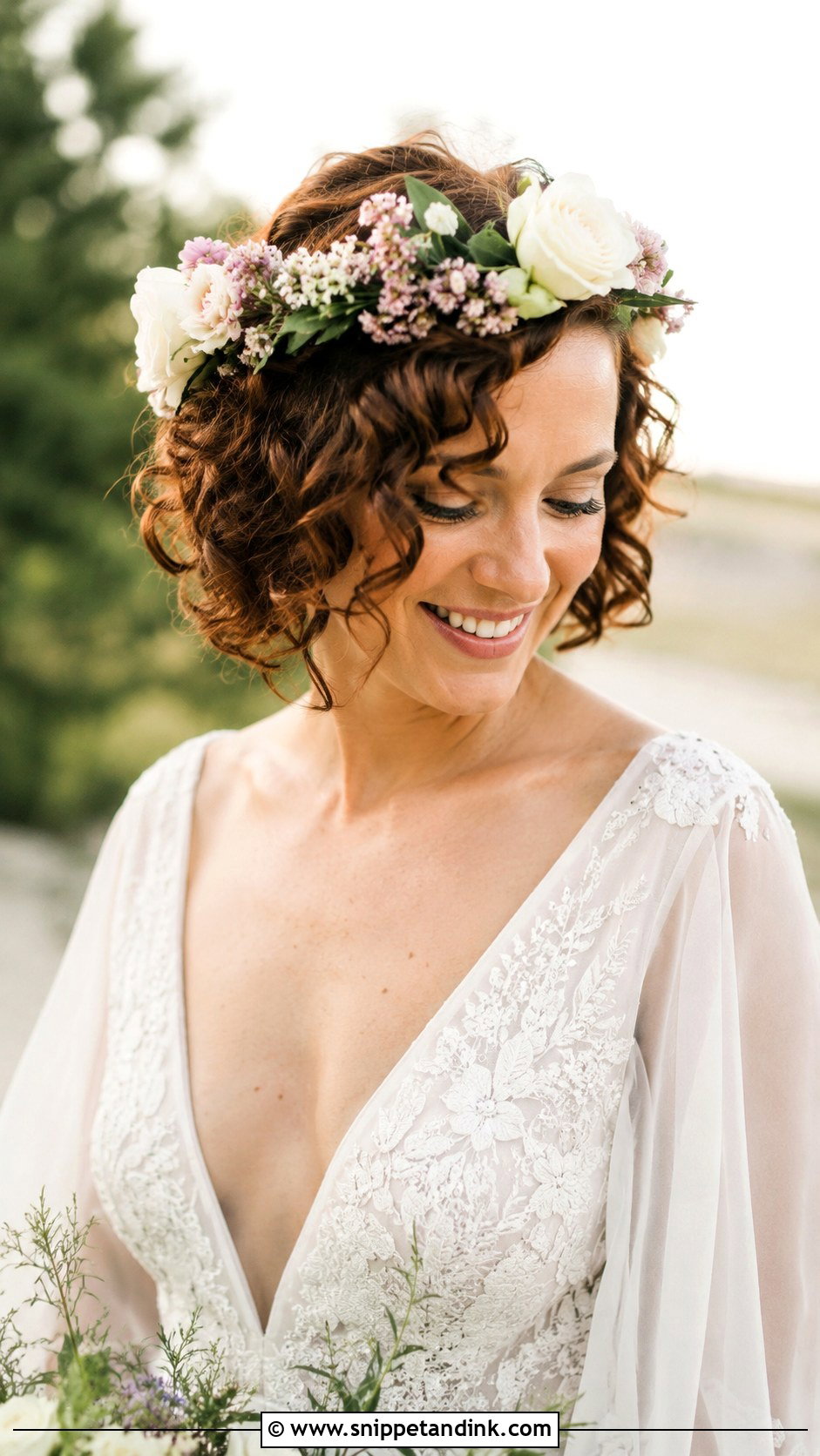 Curly Bob With Floral Crown - Snippet and Ink - 35 Short Hair Wedding Styles