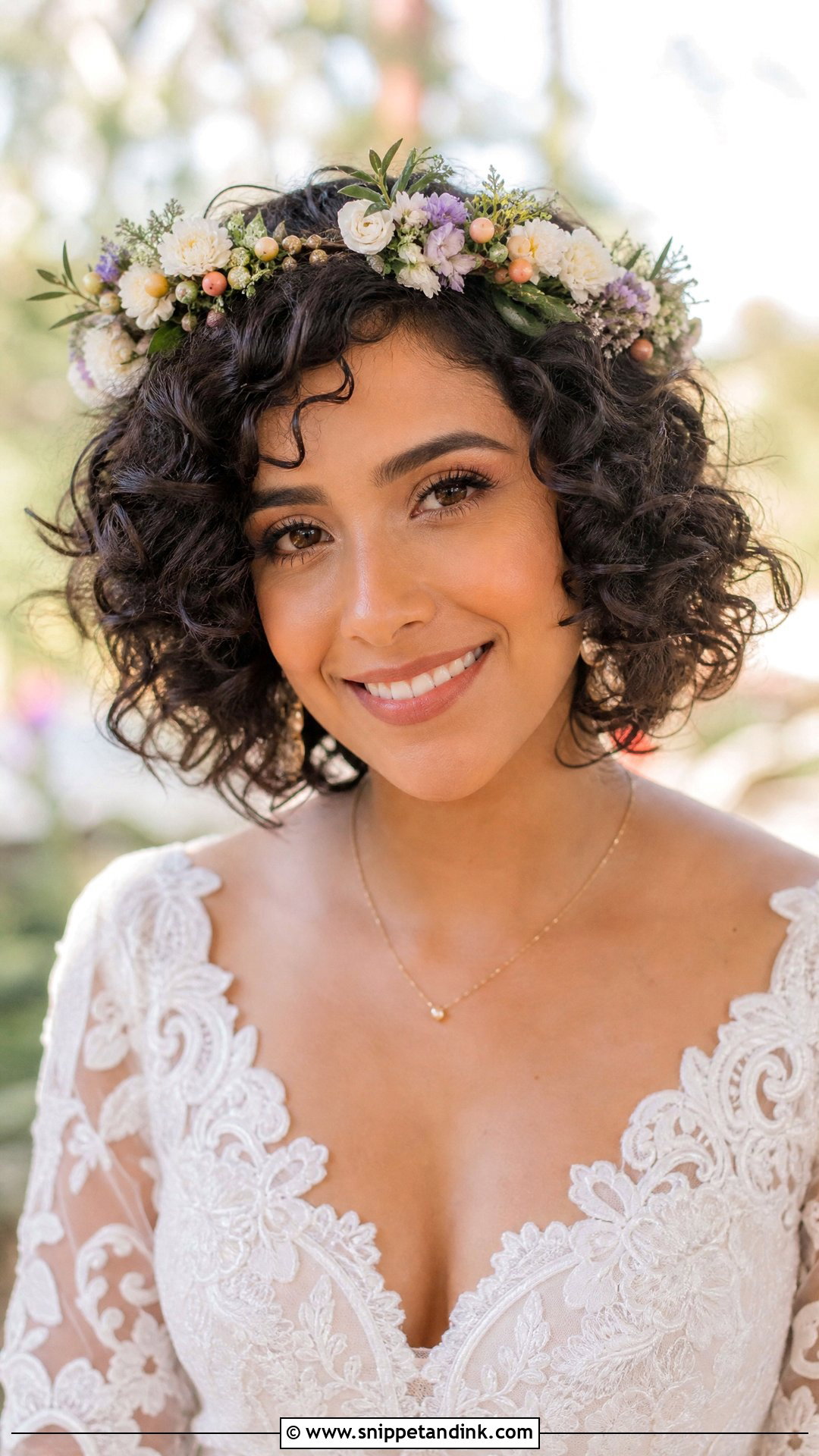 Curly Bob With Floral Crown - Snippet and Ink - 20 Bob Hairstyle Wedding Ideas