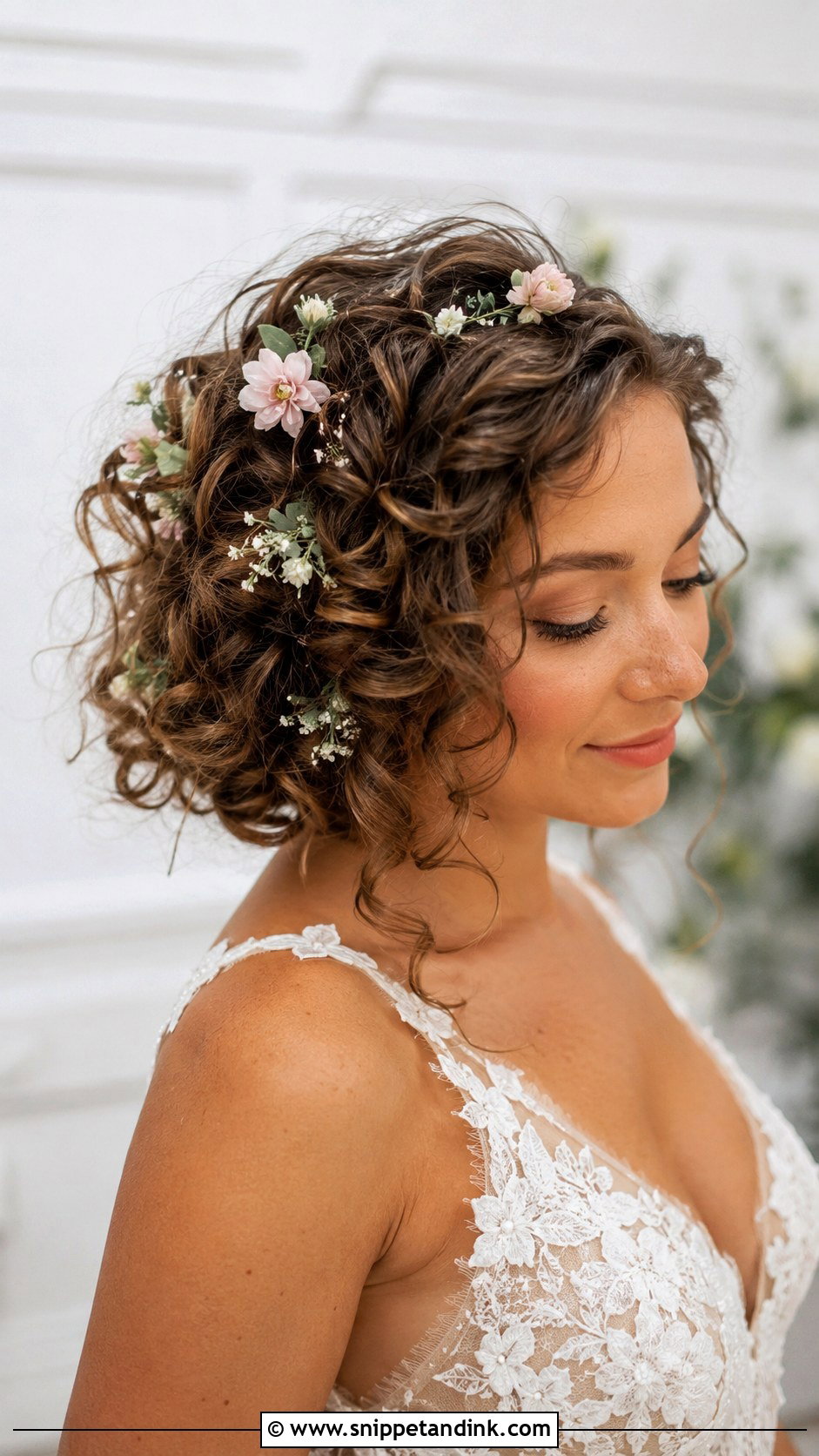 Curly Bob With Floral Pins - Snippet and Ink - 20 Short Bob Wedding Hair Ideas