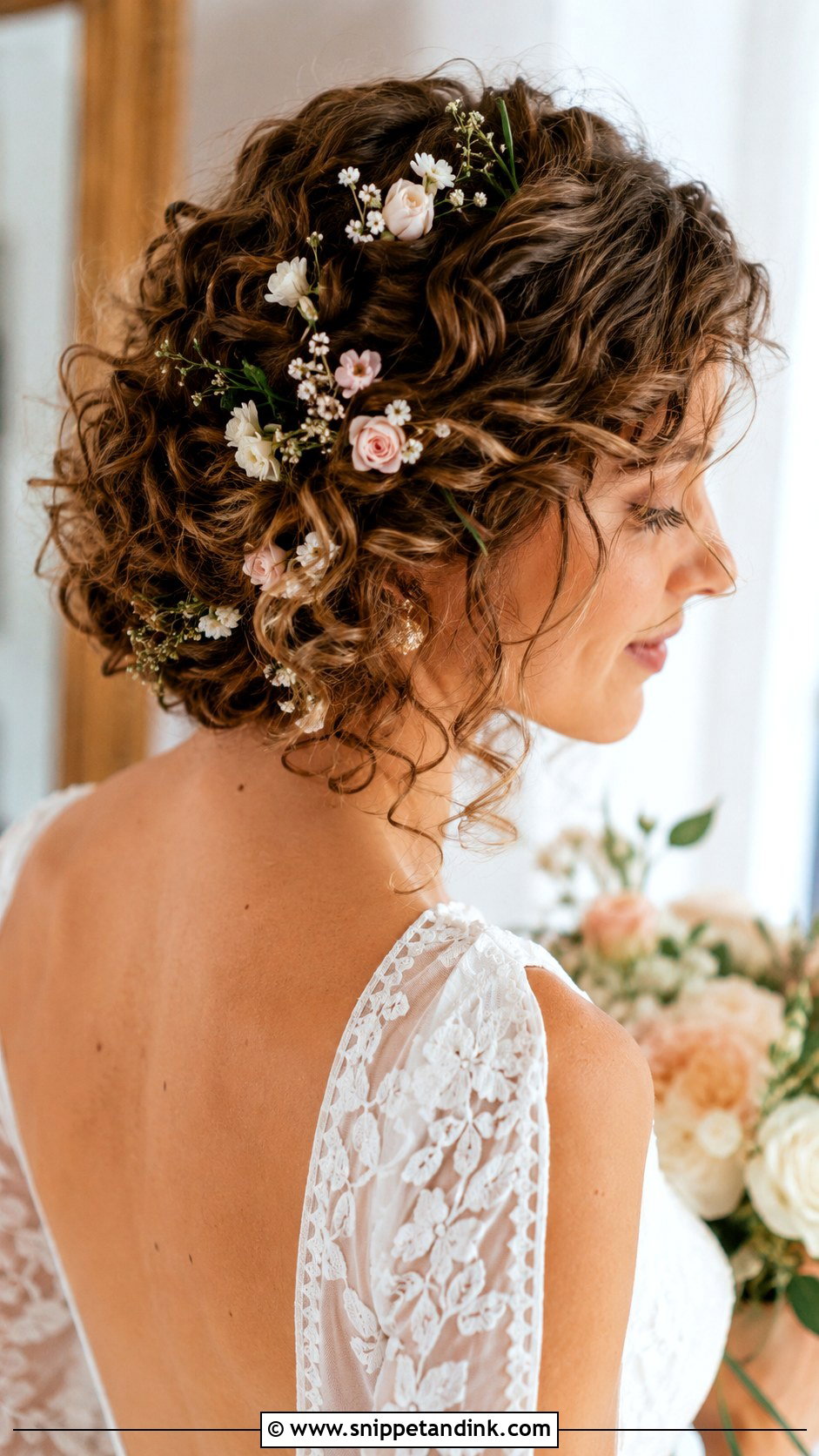 Curly Bob With Floral Pins - Snippet and Ink - 20 Short Hair Curls Wedding