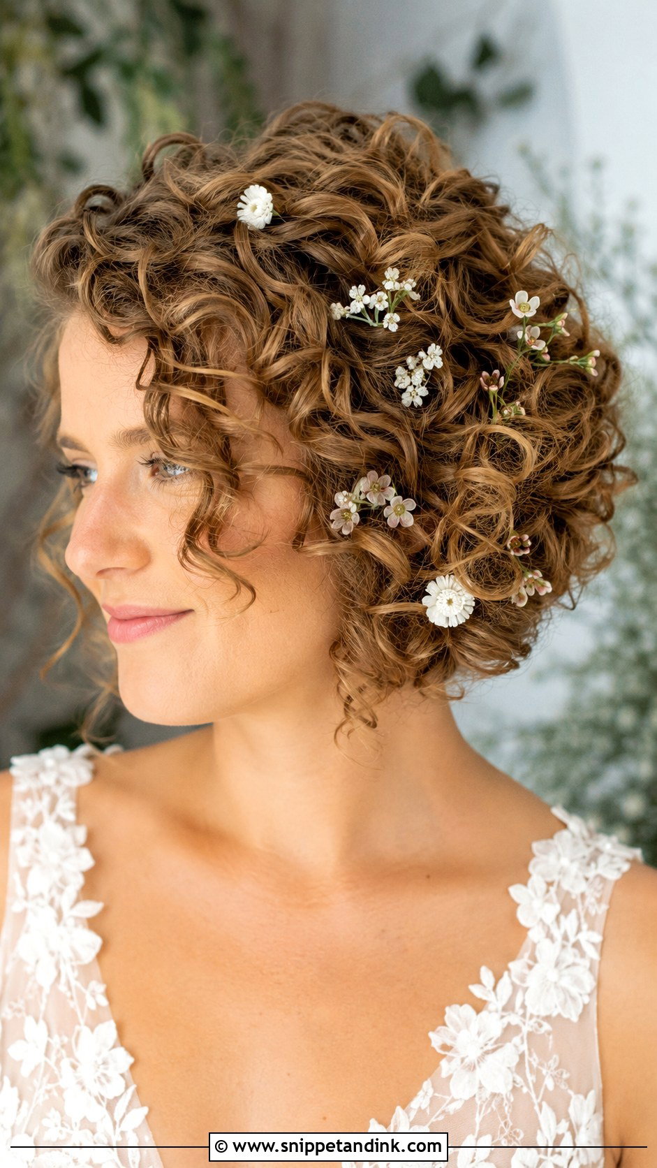 Curly Bob With Floral Pins - Snippet and Ink - 20 Bridal Hair Short Length Ideas