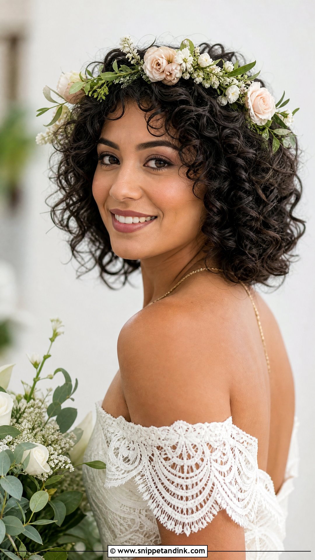 Curly Bob With Flower Crown - Snippet and Ink - 20 Wedding Hair Short Length Ideas