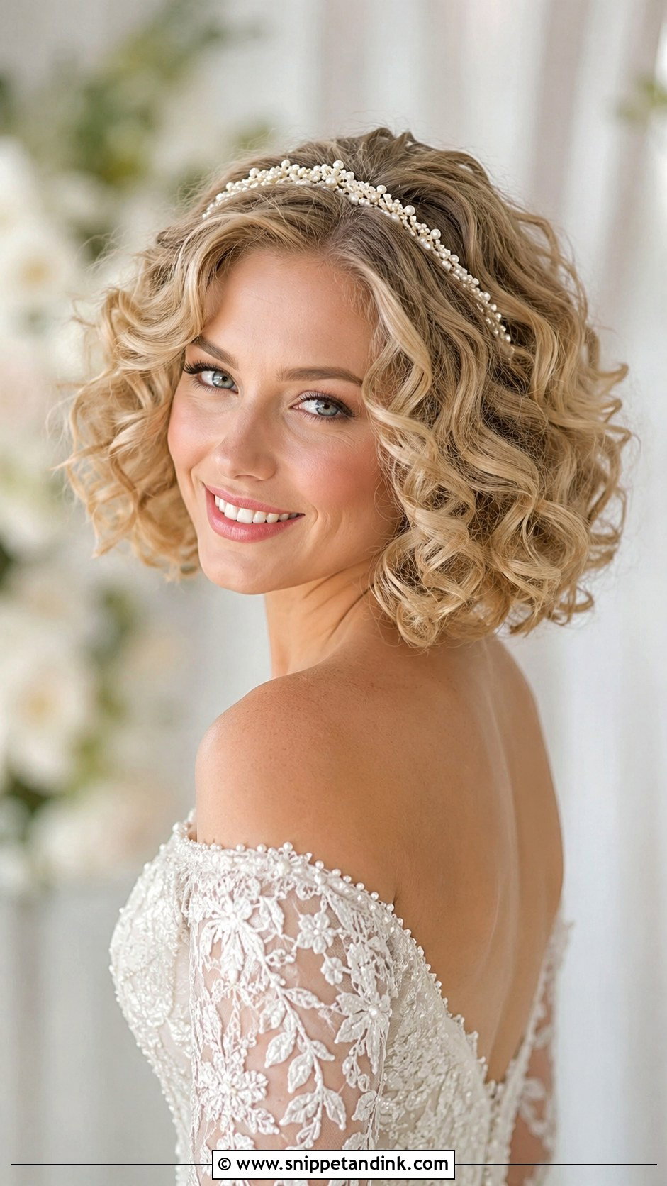 Curly Bob With Headband - Snippet and Ink - 30 Short Hair Bride Ideas