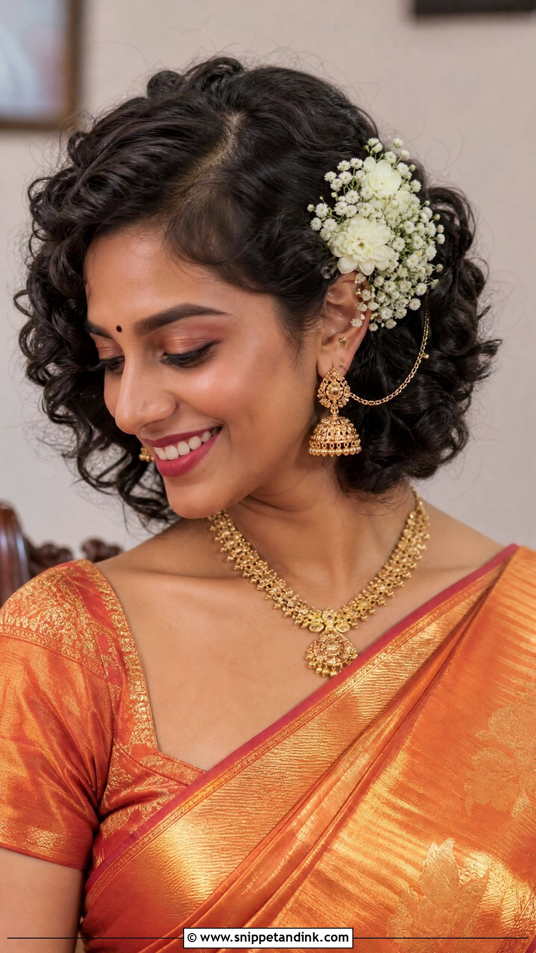 Curly Bob With Side Flowers - Snippet and Ink - 20 South Indian Wedding Hairstyles for Short Hair