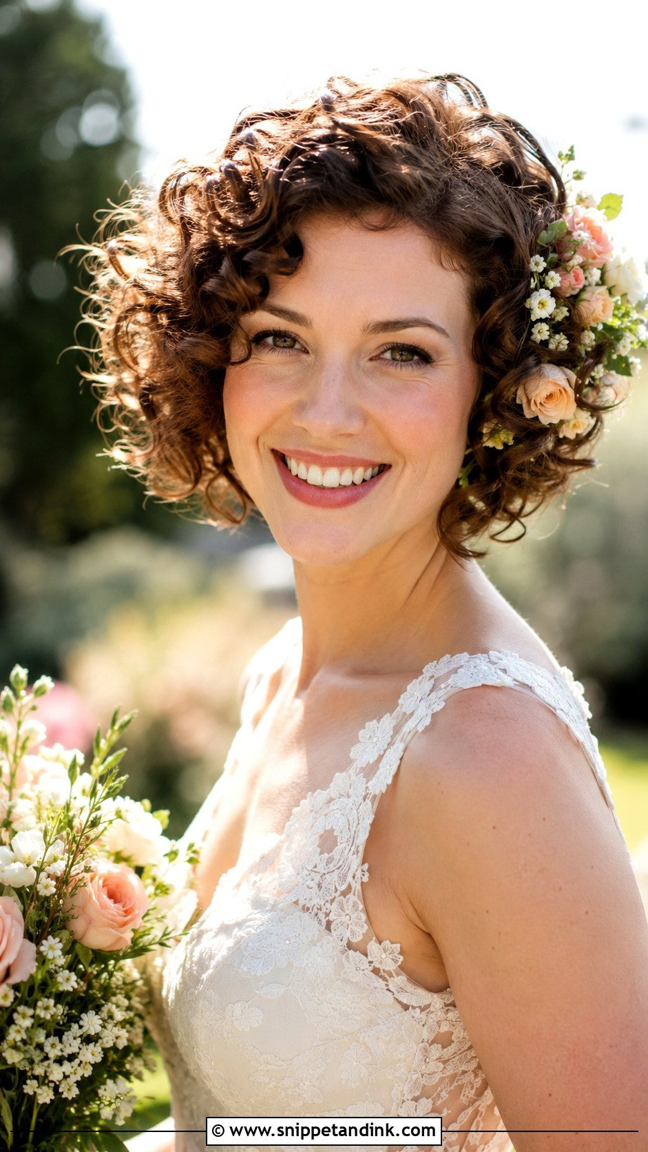Curly Bob With Side Flowers - Snippet and Ink - 20 Short Hair Ideas for Wedding
