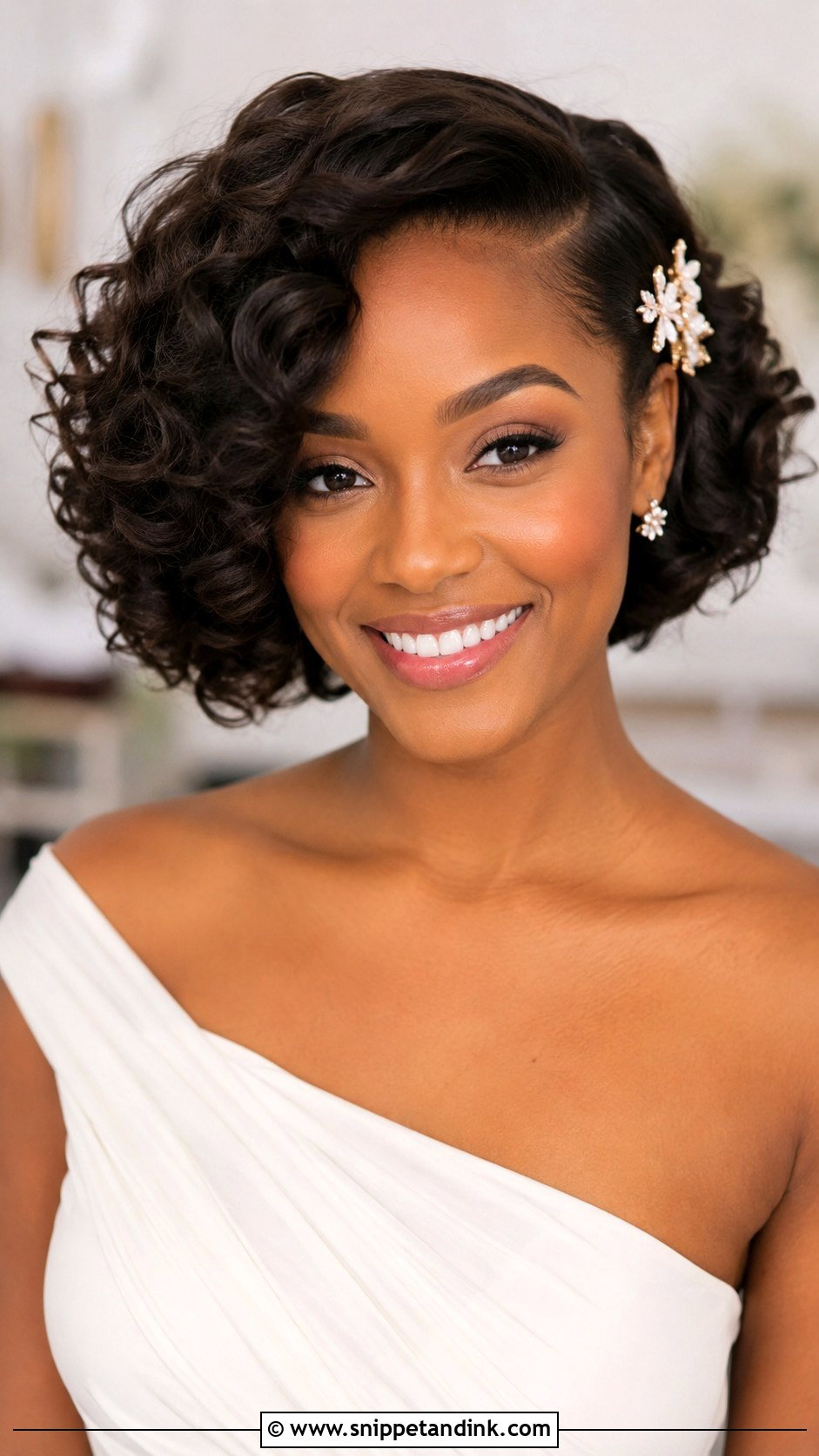 Curly Bob With Side Sweep - Snippet and Ink - 30 Black Bridal Hairstyles