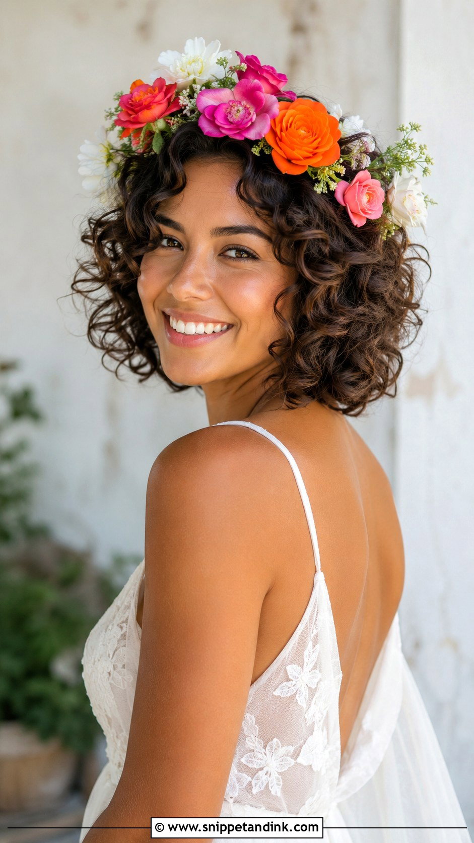 Curly Bob with Flower Crown - Snippet and Ink - 20 Short Hairdos for Wedding