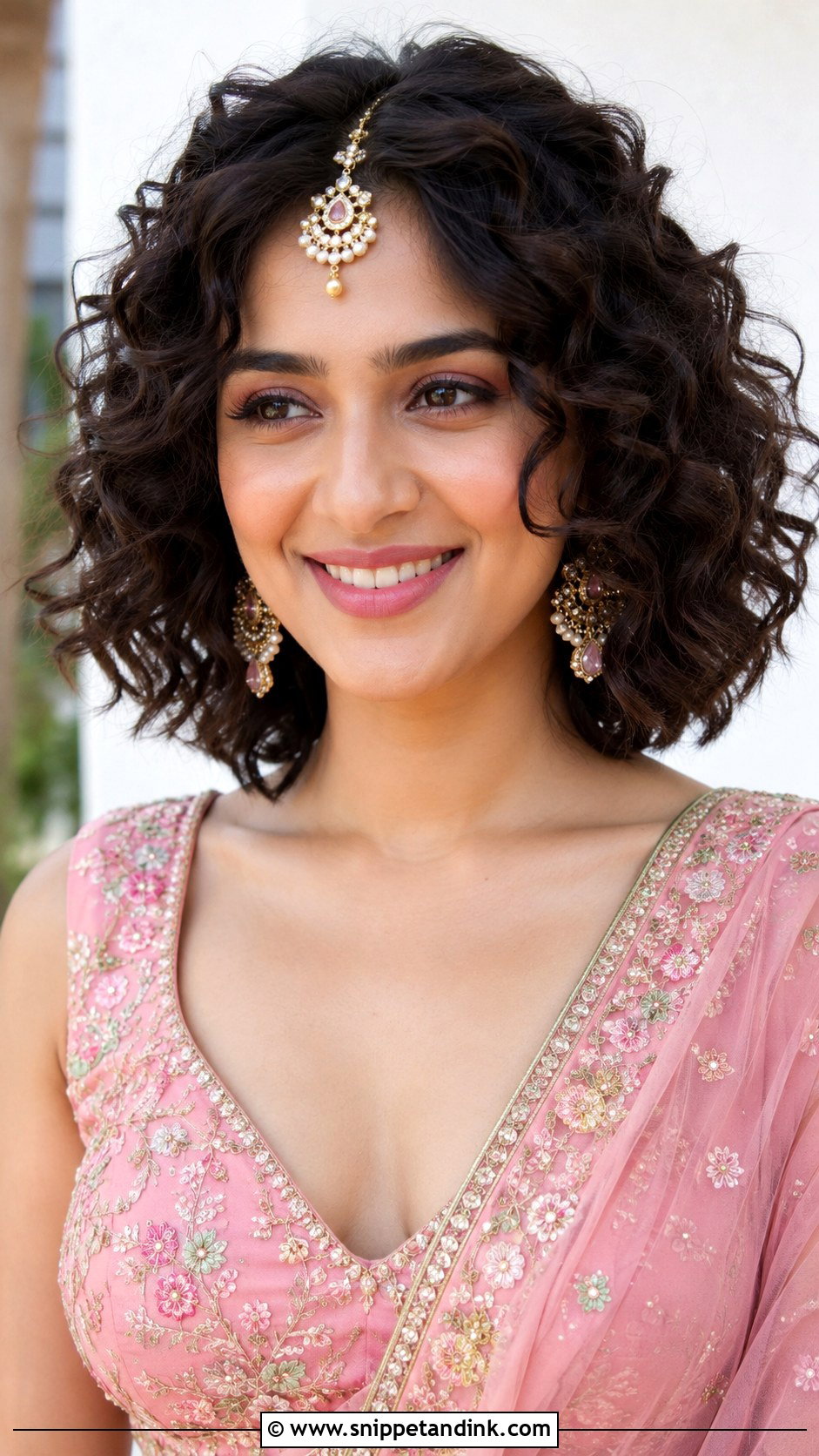 Curly Bob with Maang Tikka - Snippet and Ink - 25 Short Hair Hairstyles for Wedding Indian
