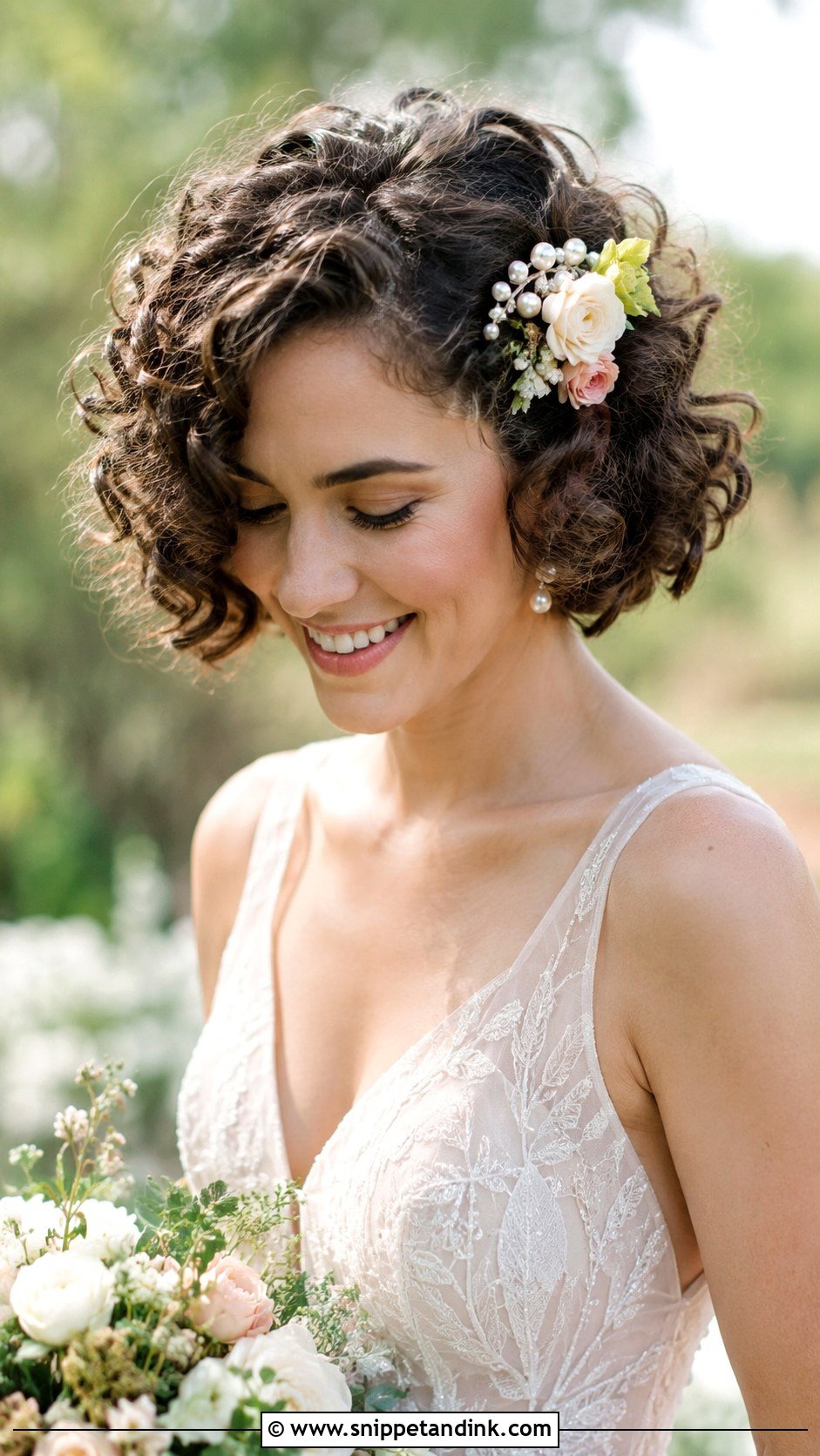 Curly Bob with Side Accessories - Snippet and Ink - 25 Wedding Hair for Short Hair Ideas