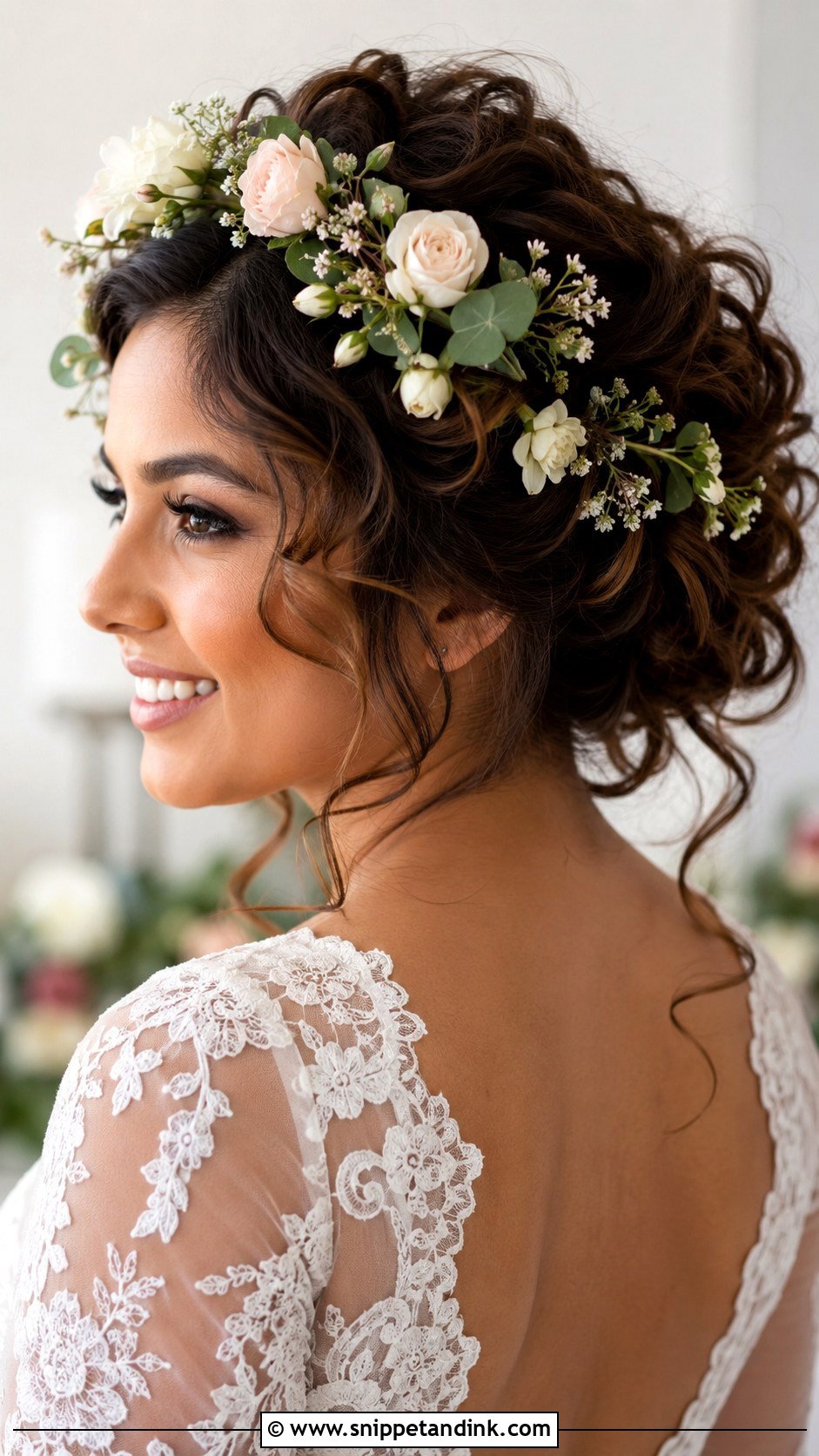 Curly Bohemian Updo With Flower Crown - Snippet and Ink - 30 Curly Hair Wedding Styles