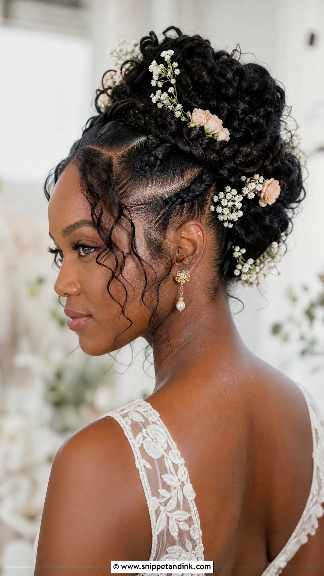 Curly Braided Updo with Flowers - Snippet and Ink - 20 Curly Wedding Hairstyle Ideas
