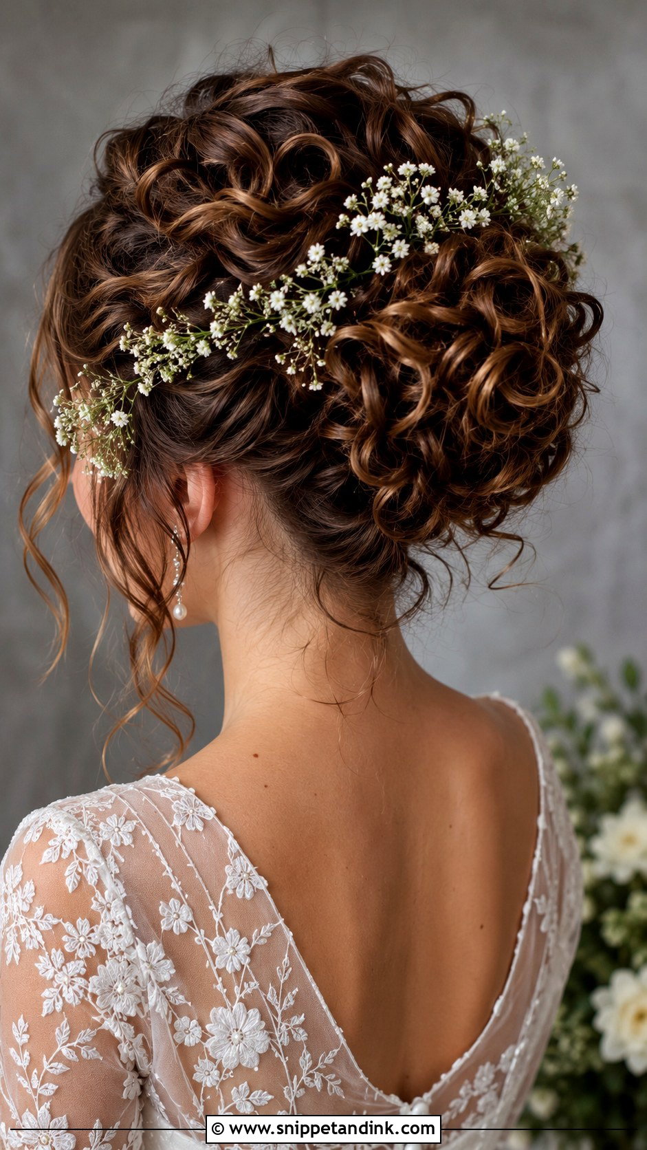 Curly Bridal Bun With Babys Breath - Snippet and Ink - 30 Curly Hair Wedding Ideas