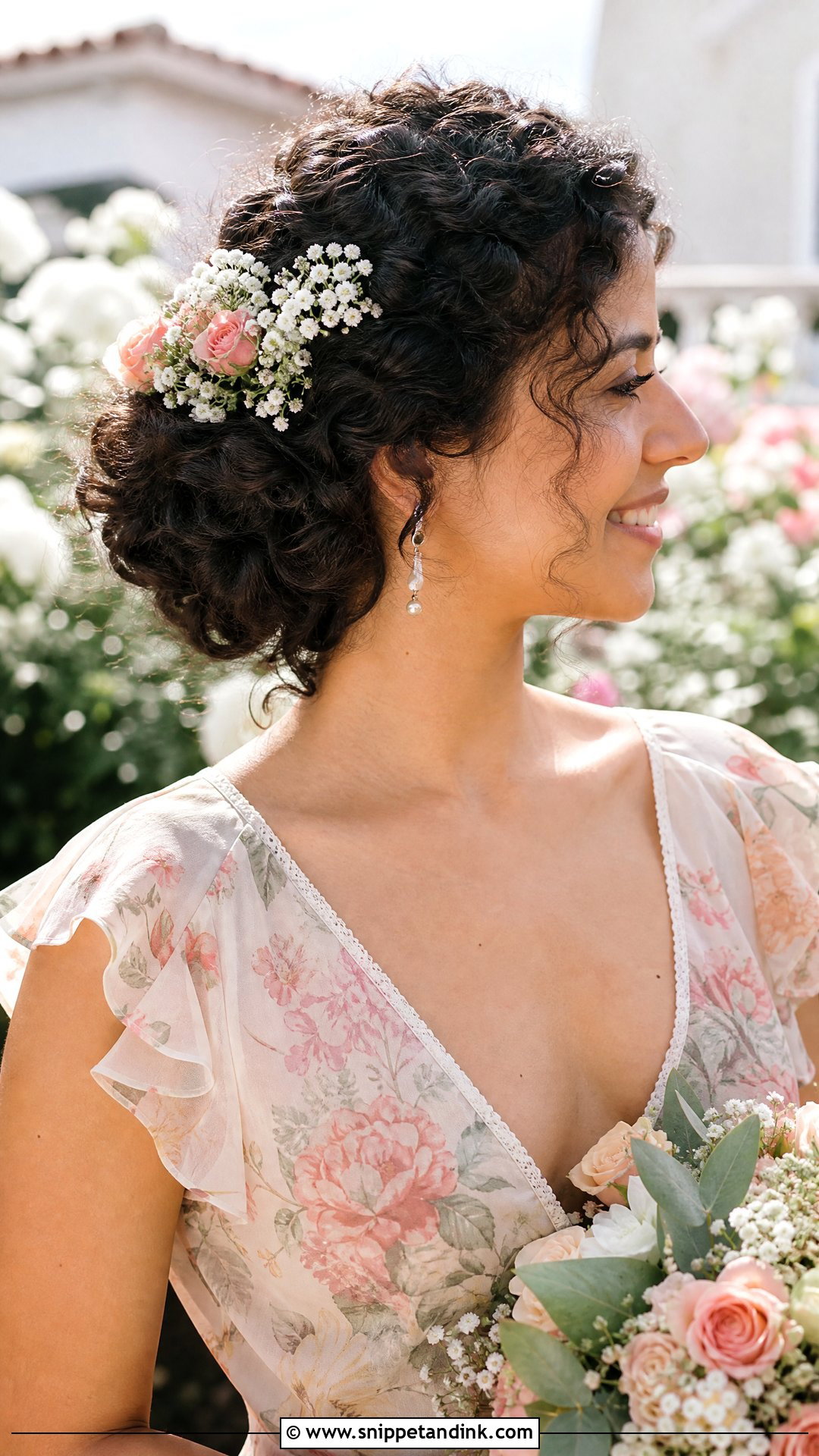 Curly Bridal Bun With Flowers - Snippet and Ink - 20 Naturally Curly Hair Wedding Styles