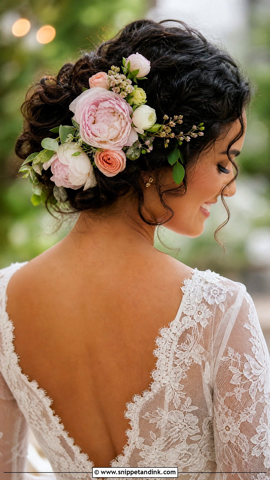 Curly Bridal Bun With Flowers - Snippet and Ink - 30 Curly Bridal Hair Ideas