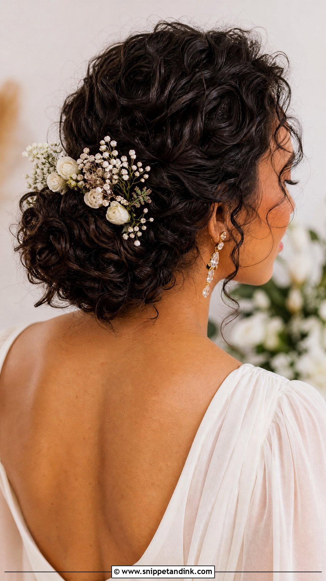 Curly Bridal Bun With Flowers - Snippet and Ink - 15 Curly Bridal Bun Ideas