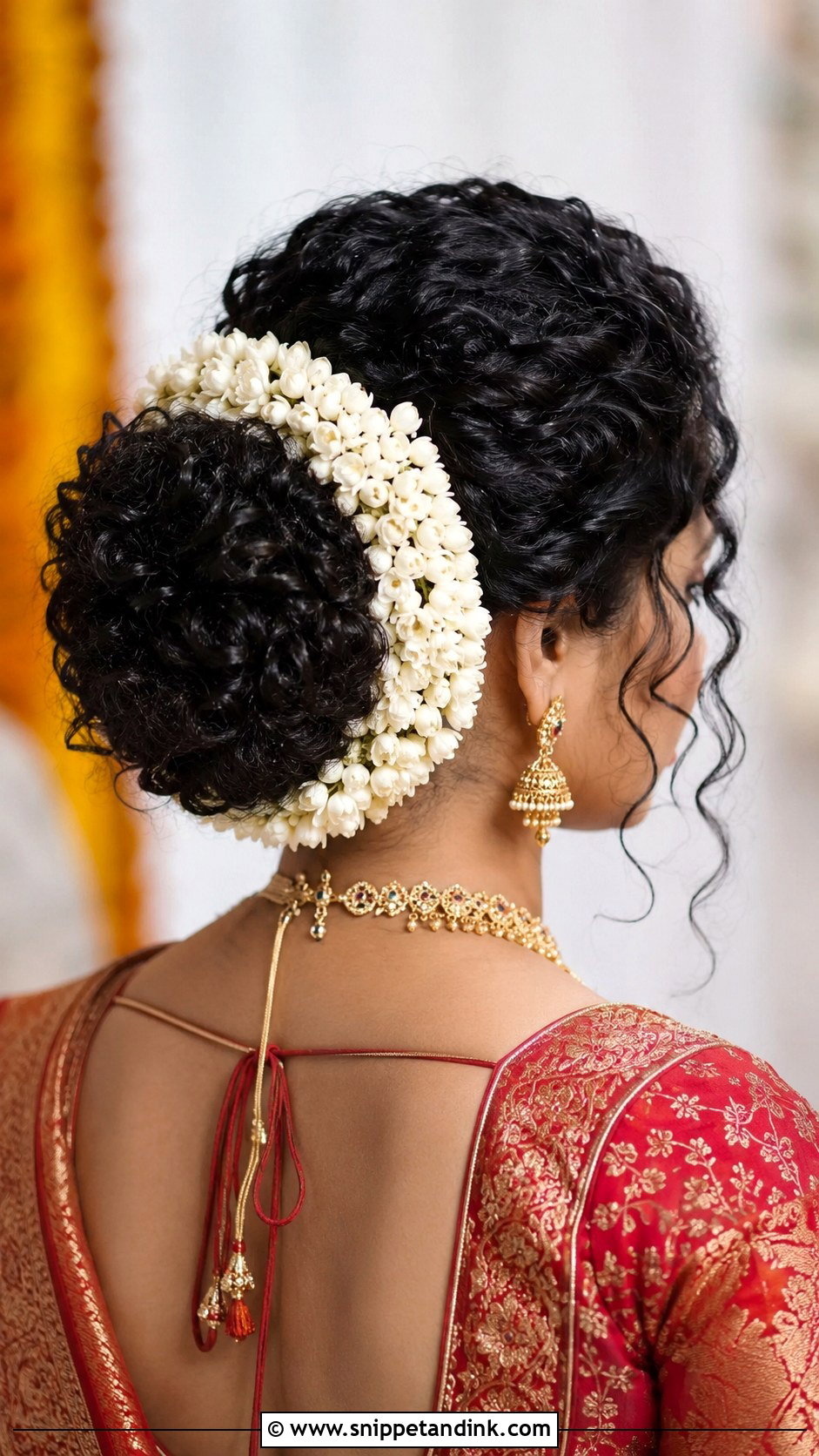 Curly Bridal Bun With Gajra - Snippet and Ink - 20 Indian Curly Hair Bridal Hairstyles