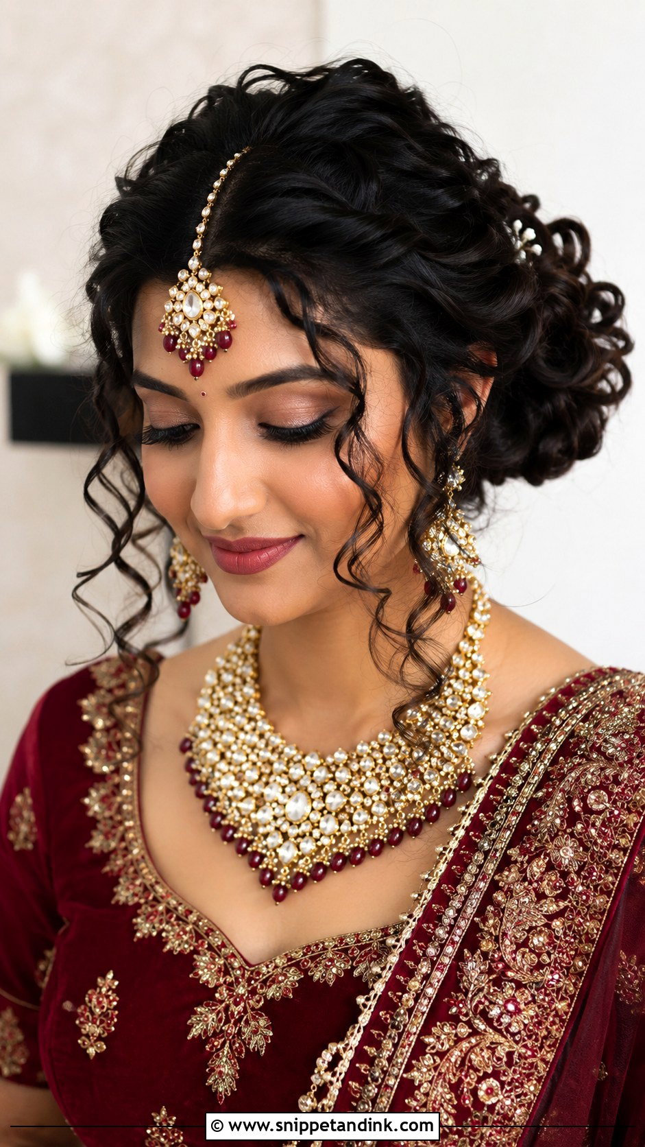 Curly Bridal Bun With Maang Tikka - Snippet and Ink - 20 Indian Curly Hair Bridal Hairstyles