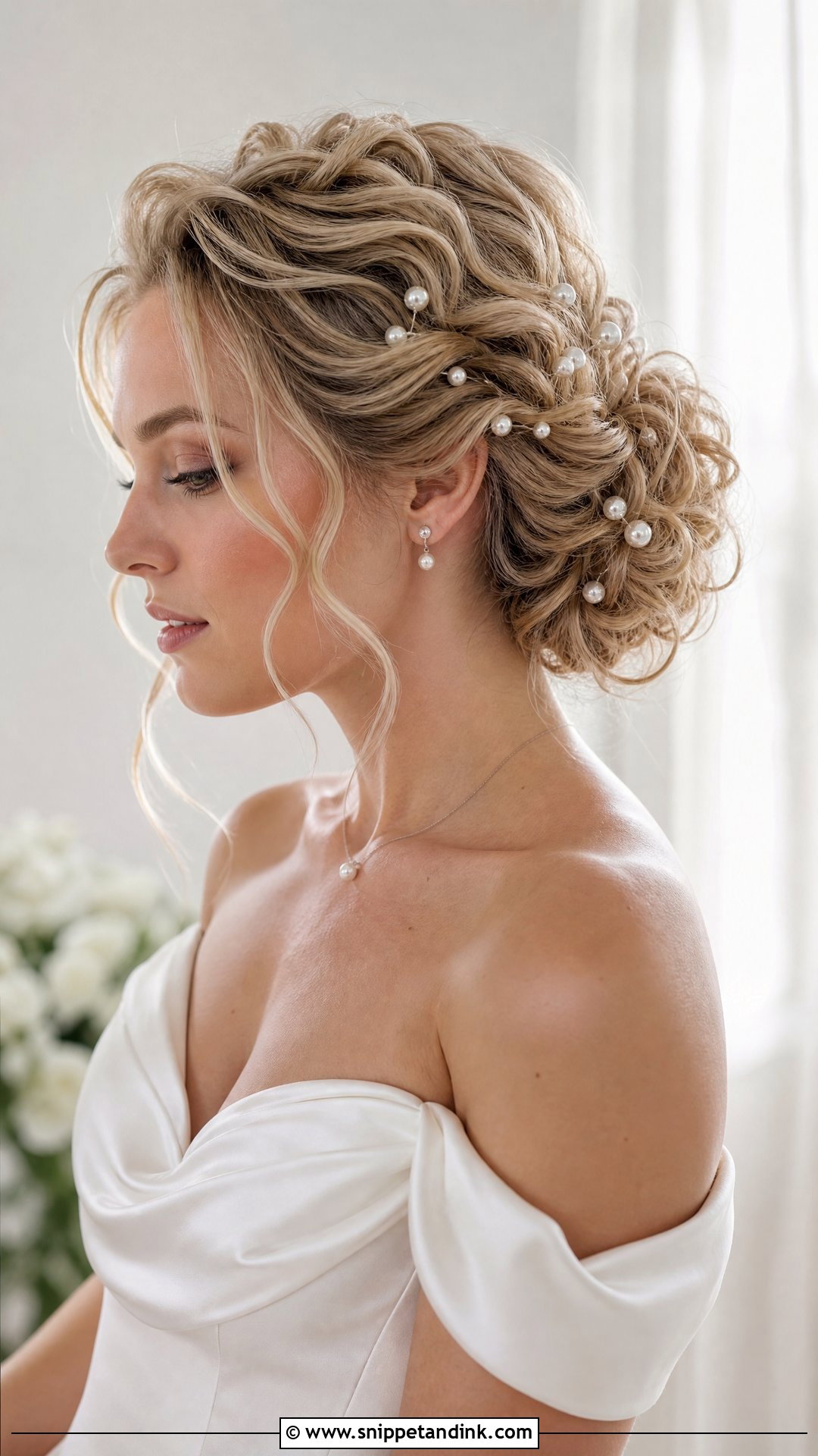 Curly Bridal Bun With Pearls - Snippet and Ink - 15 Curly Bridal Bun Ideas