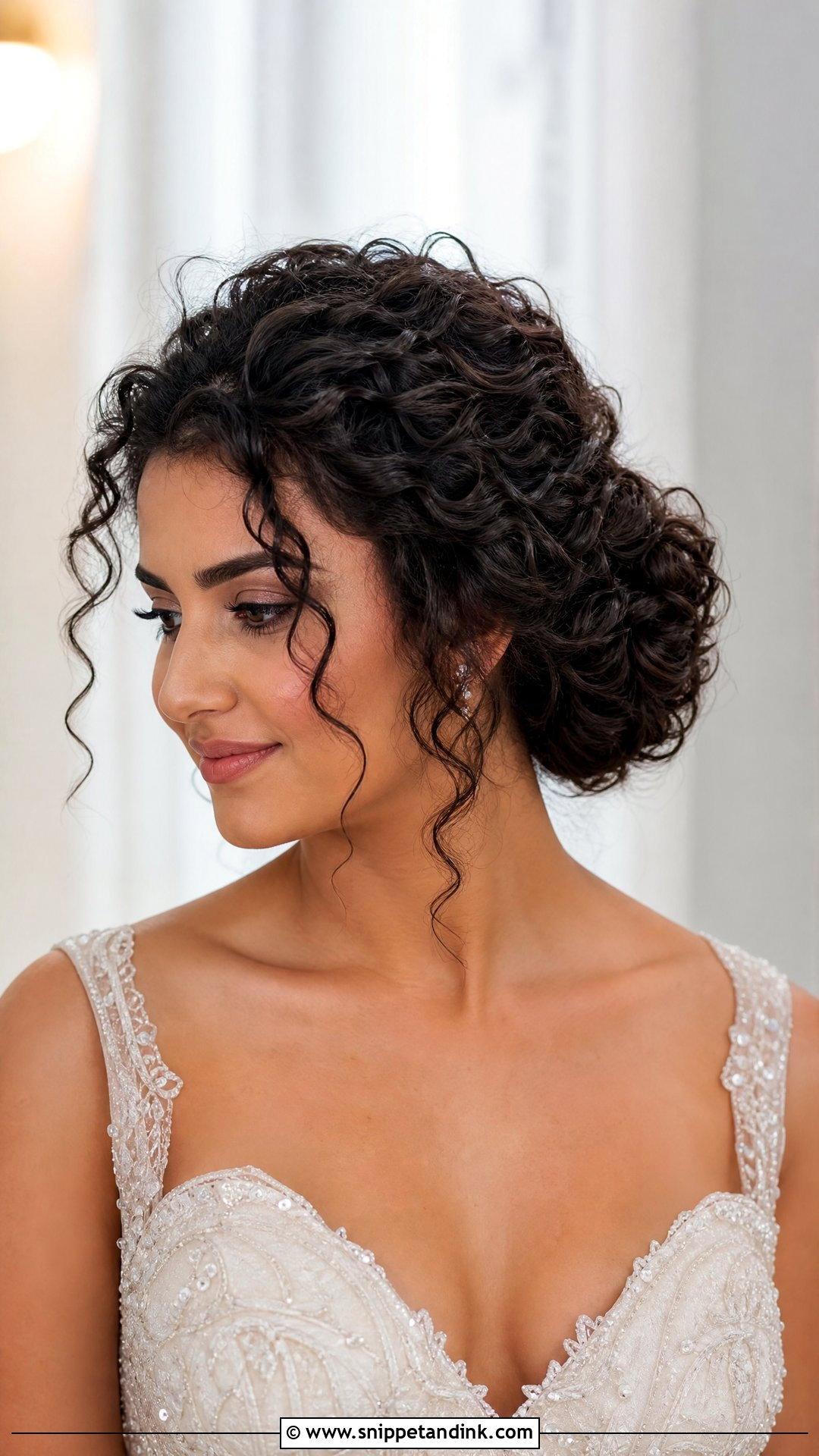 Curly Bridal Bun With Tendrils - Snippet and Ink - 15 Curly Bridal Bun Ideas