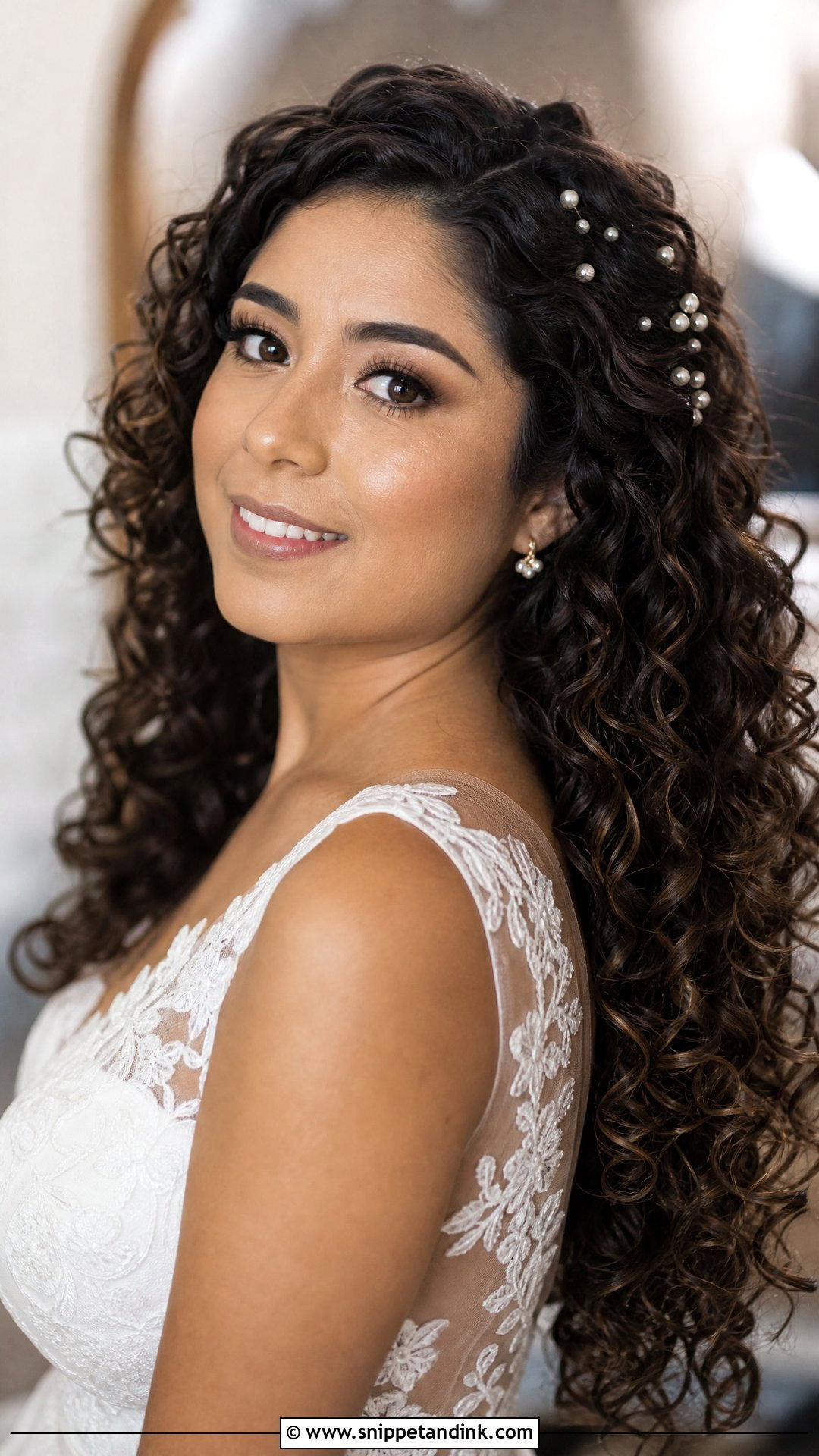 Curly Bridal Hair Down With Pearl Pins - Snippet and Ink - 15 Curled Bridal Hair Down Ideas