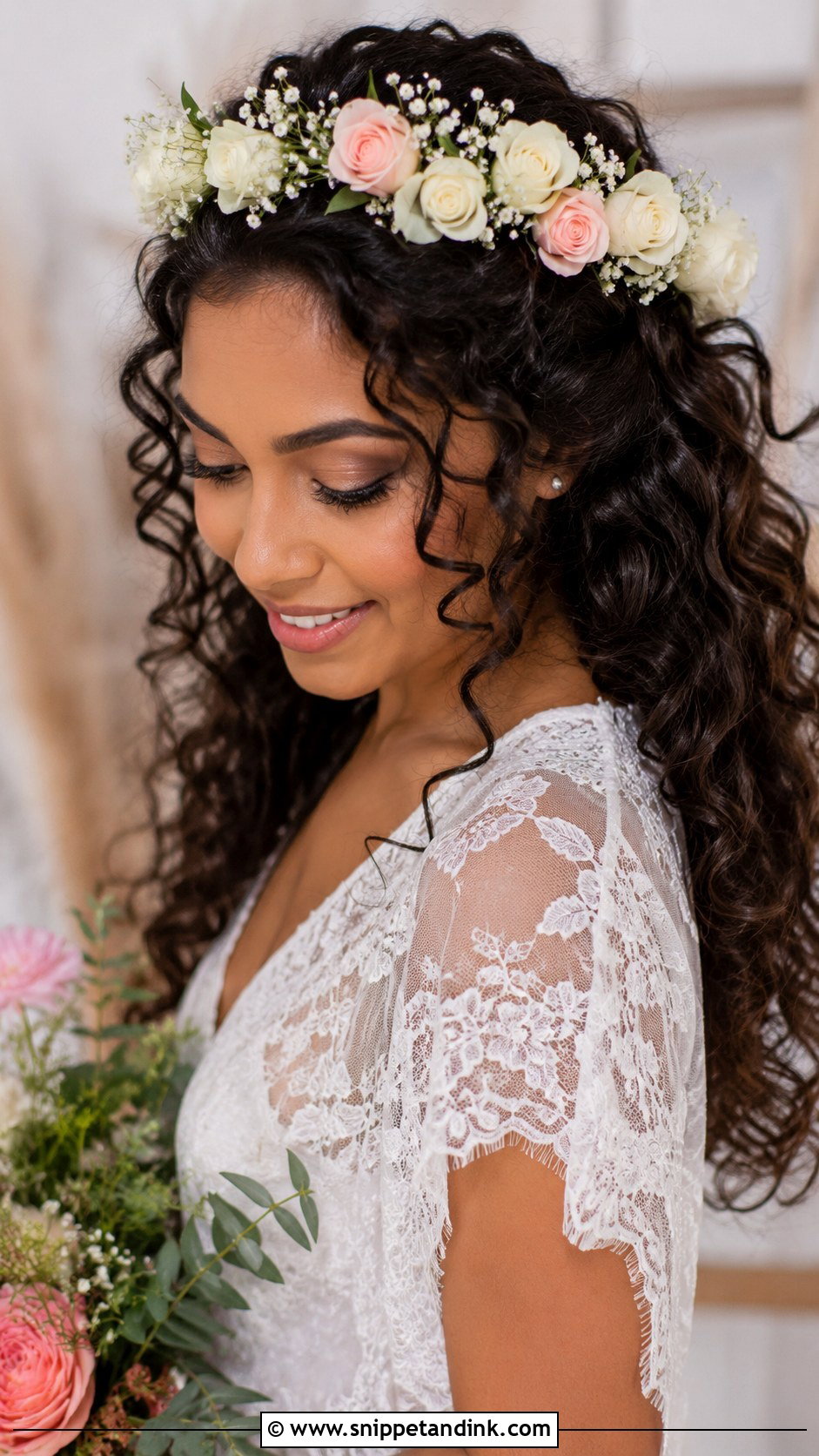 Curly Bridal Hair With Flower Crown - Snippet and Ink - 30 Curly Bridal Hair Ideas