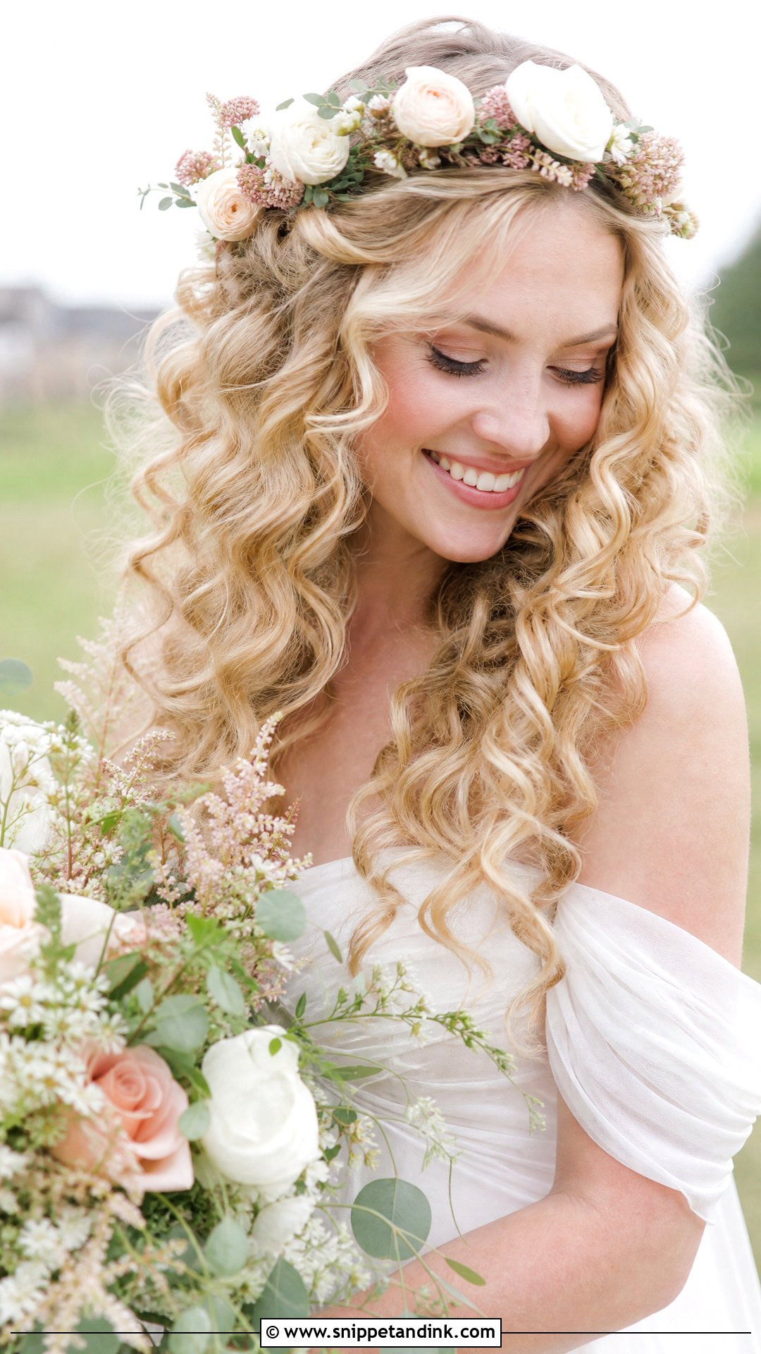 Curly Bridal Hair With Flower Crown - Snippet and Ink - 15 Bridal Hairstyle for Curly Hair Ideas