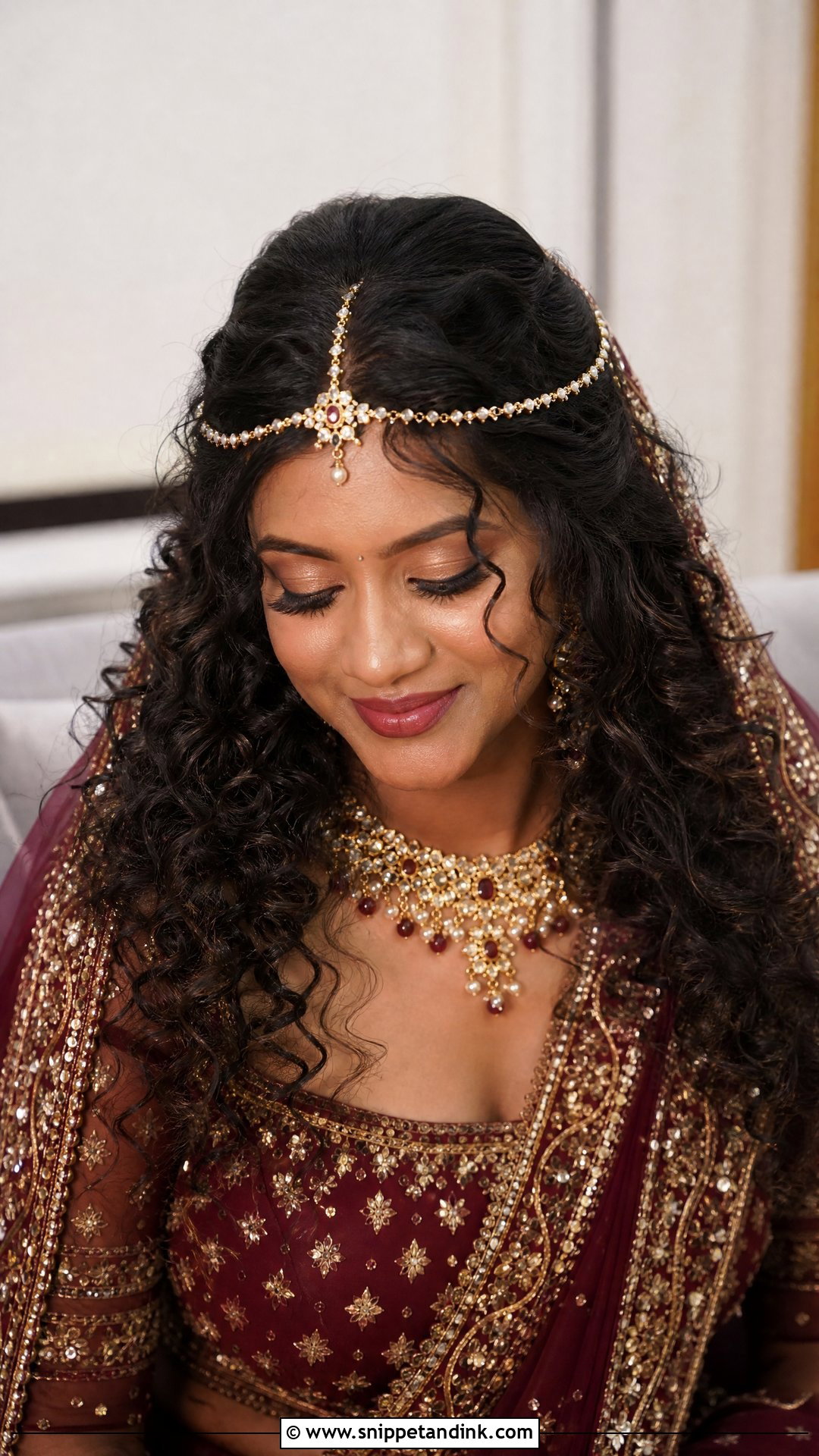Curly Bridal Hair With Matha Patti - Snippet and Ink - 15 Bridal Hairstyles with Matha Patti