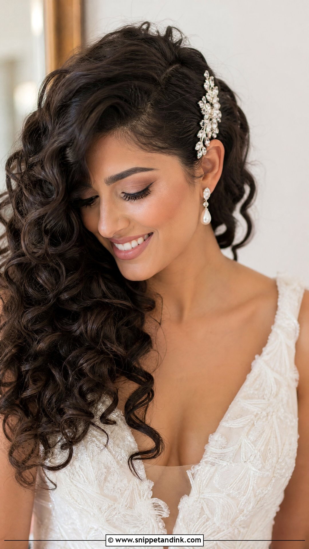 Curly Bridal Hair With Side Part - Snippet and Ink - 15 Bridal Hairstyle for Curly Hair Ideas