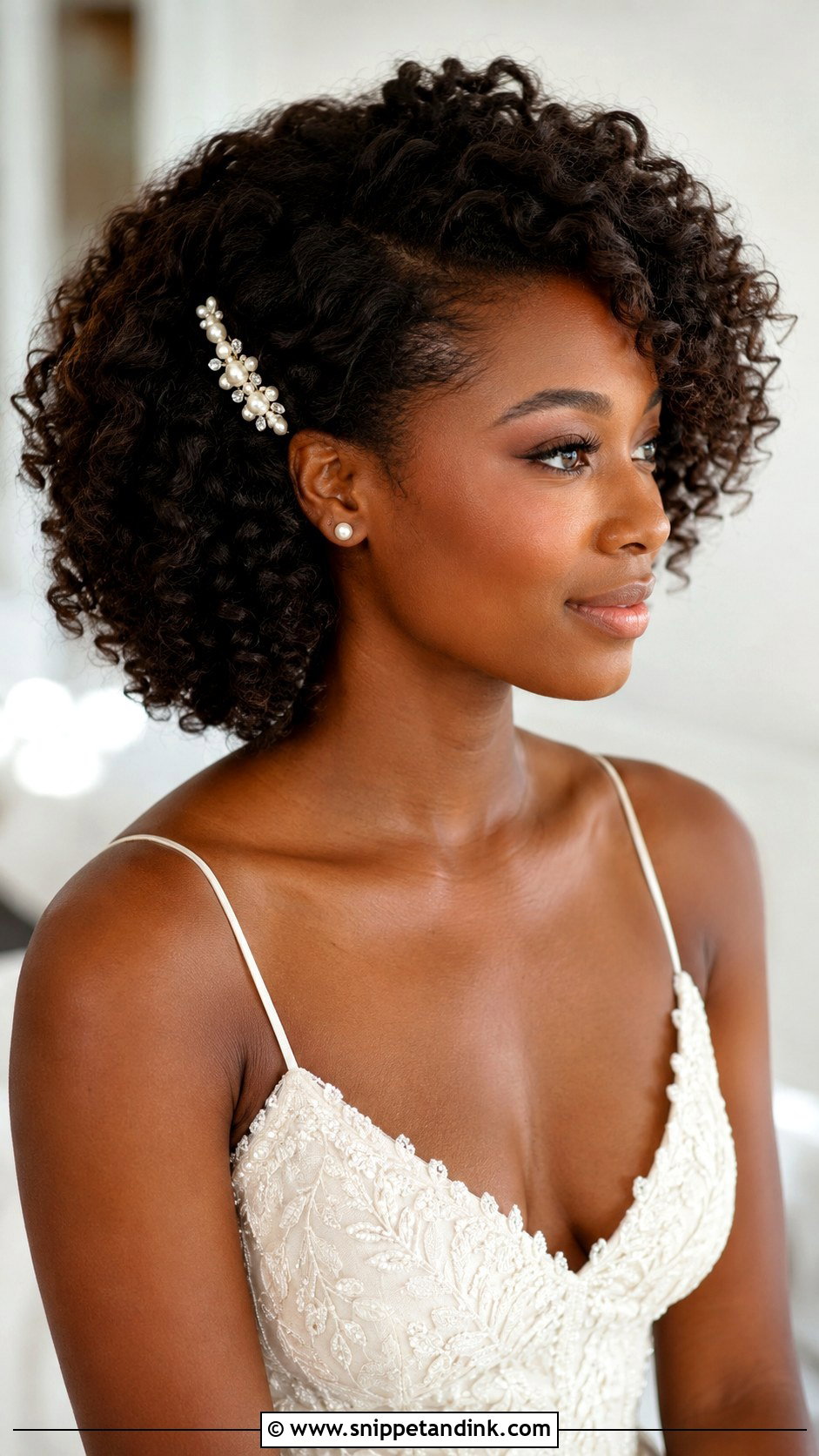 Curly Bridal Hair With Side Pearl Clip - Snippet and Ink - 15 Side Bridal Hair Clip Ideas