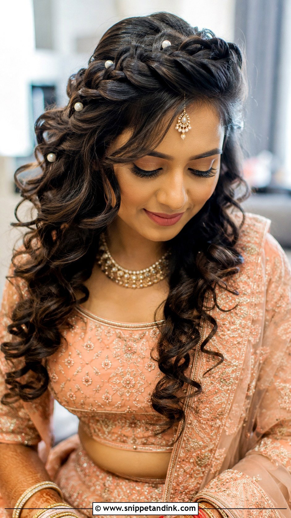 Curly Bridal Hairstyle With Braided Crown - Snippet and Ink - 20 Indian Curly Hair Bridal Hairstyles