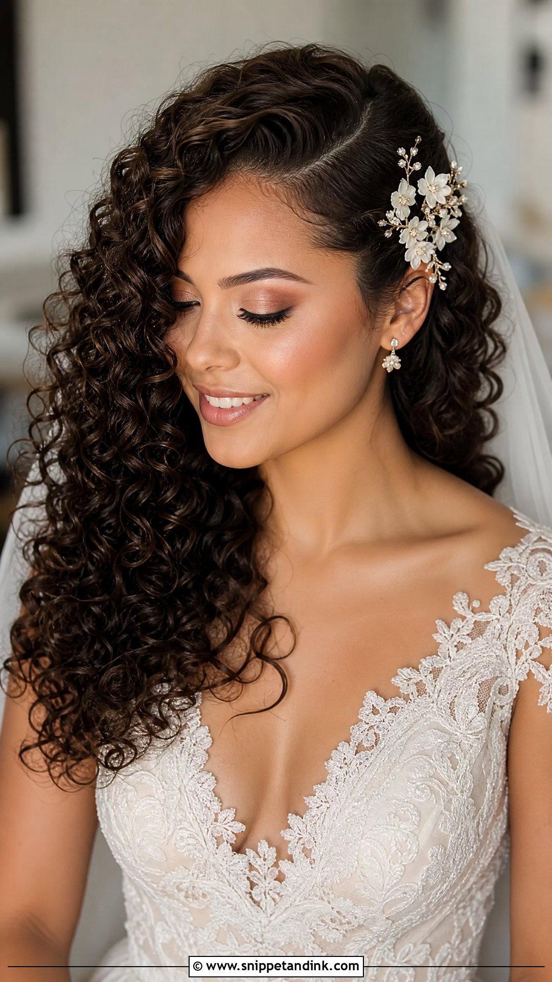 Curly Bridal Hairstyle With Side Part - Snippet and Ink - 20 Natural Curls Bridal Curly Hairstyles