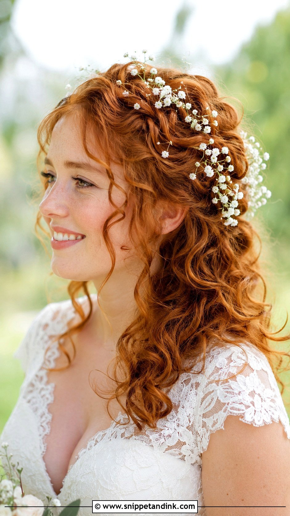 Curly Bridal Hairstyle with Babys Breath - Snippet and Ink - 30 Curly Hair Bride Ideas