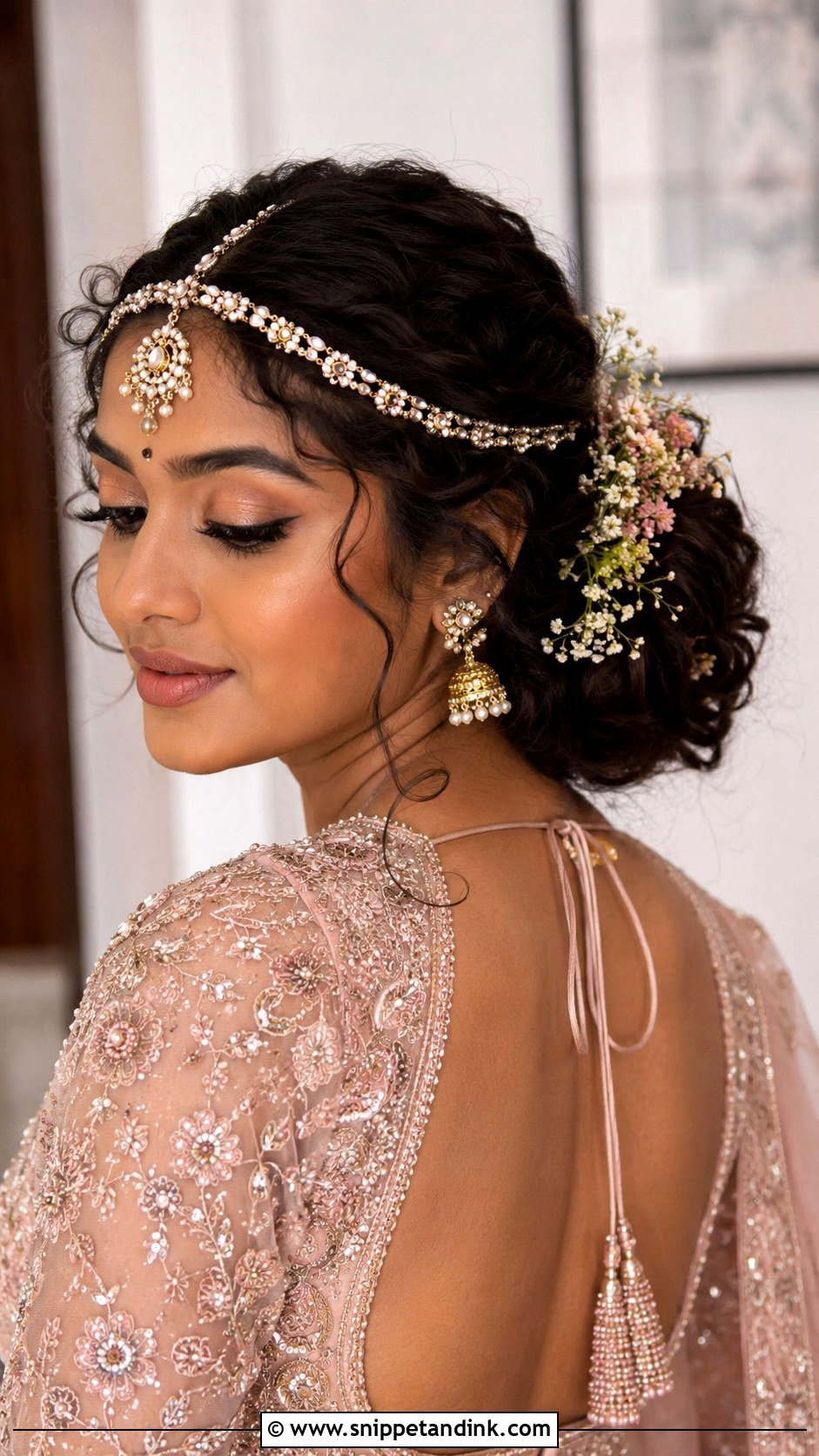 Curly Bridal Mathapatti Bun - Snippet and Ink - 20 Bridal Mathapatti Hairstyles