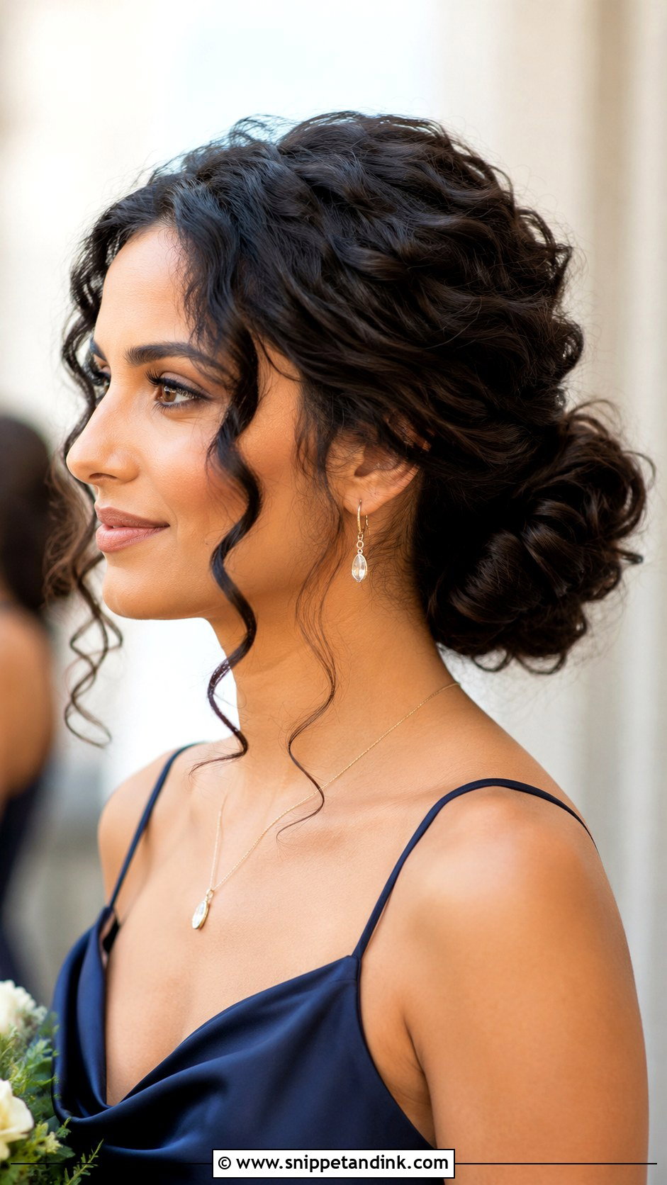 Curly Bridesmaid Bun With Face Framing Curls - Snippet and Ink - 20 Bridesmaid Curly Hair Ideas