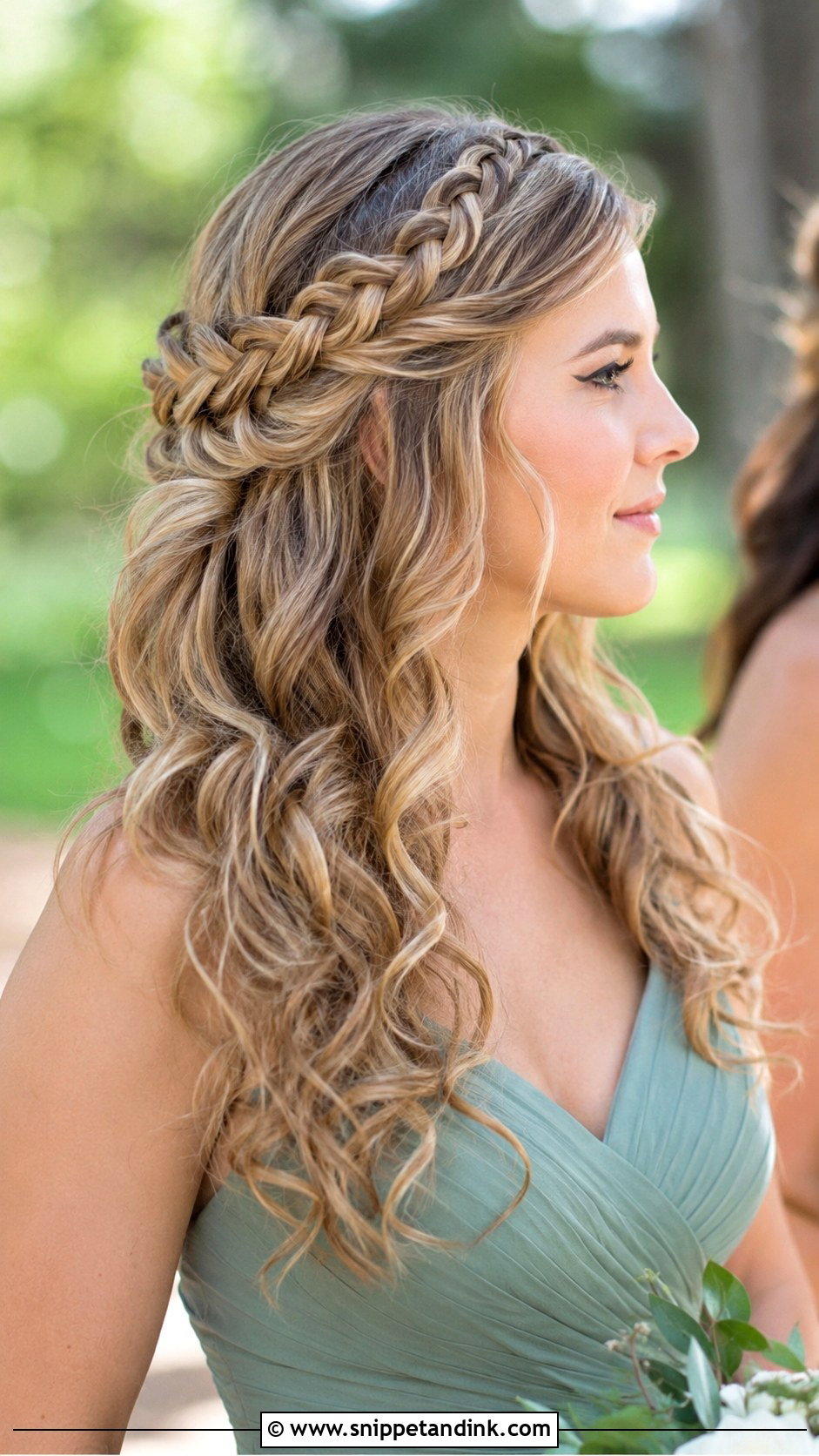 Curly Bridesmaid Hair Down With Braided Crown - Snippet and Ink - 20 Bridesmaid Hair Down Curly Ideas