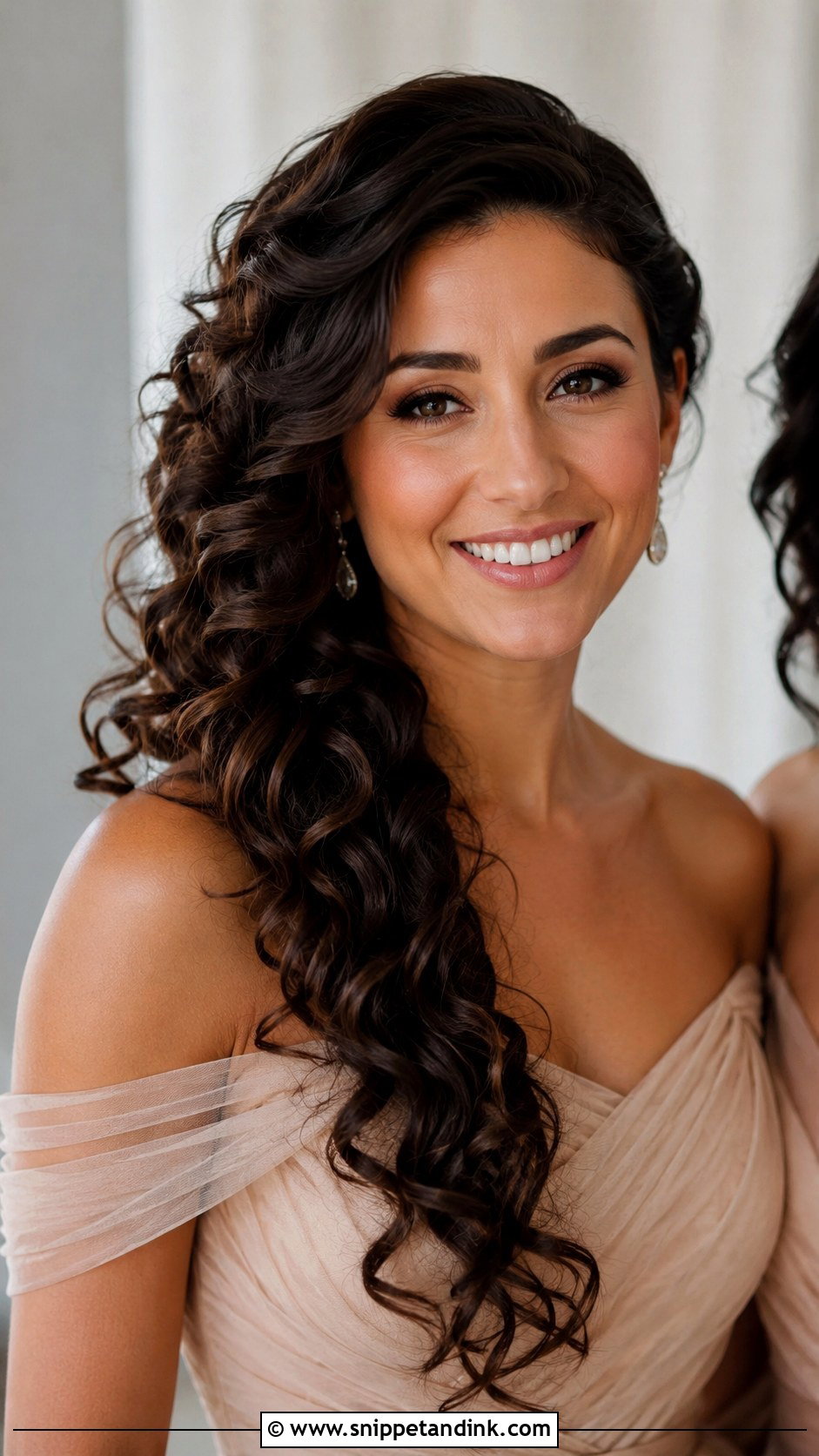 Curly Bridesmaid Hair Down With Side Swept Curls - Snippet and Ink - 20 Bridesmaid Hair Down Curly Ideas