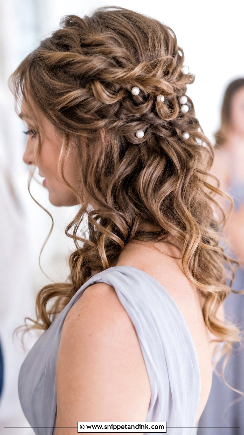 Curly Bridesmaid Hair With Pearl Pins - Snippet and Ink - 20 Bridesmaid Curly Hair Ideas